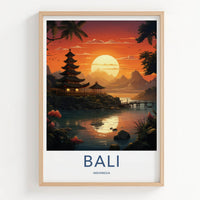 Bali Poster - Indonesia Travel Art - Tropical Temple Sunset Home Decor