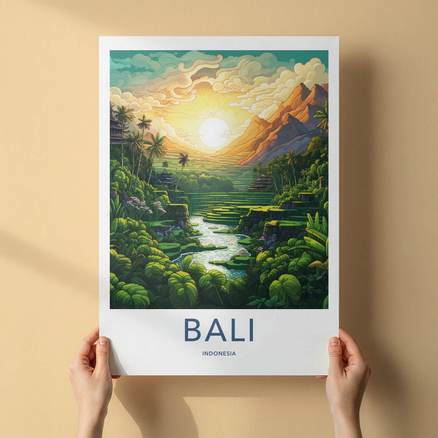 Bali Poster - Indonesia Travel Print - Exotic Rice Terraces View Framed Decor