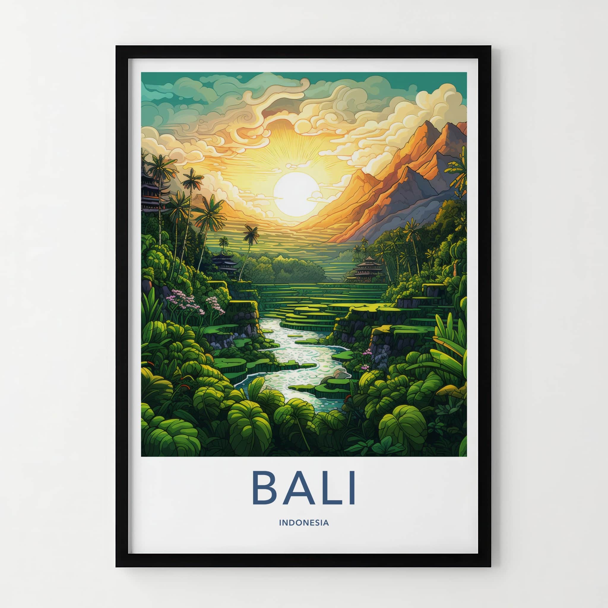 Bali Poster - Indonesia Travel Print - Exotic Rice Terraces View Framed Decor