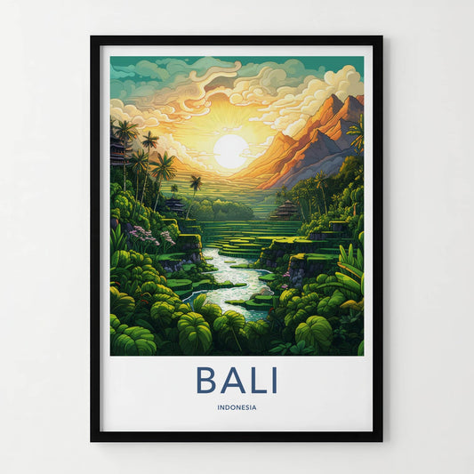 Bali Poster - Indonesia Travel Print - Exotic Rice Terraces View Framed Decor