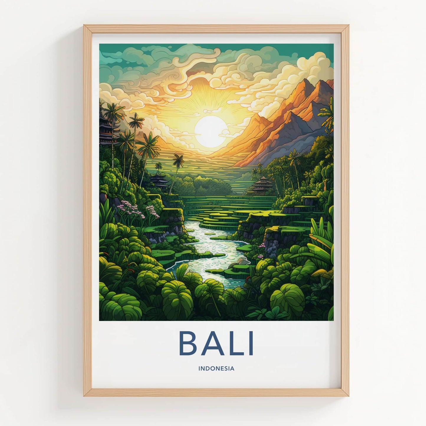 Bali Poster - Indonesia Travel Print - Exotic Rice Terraces View Framed Decor