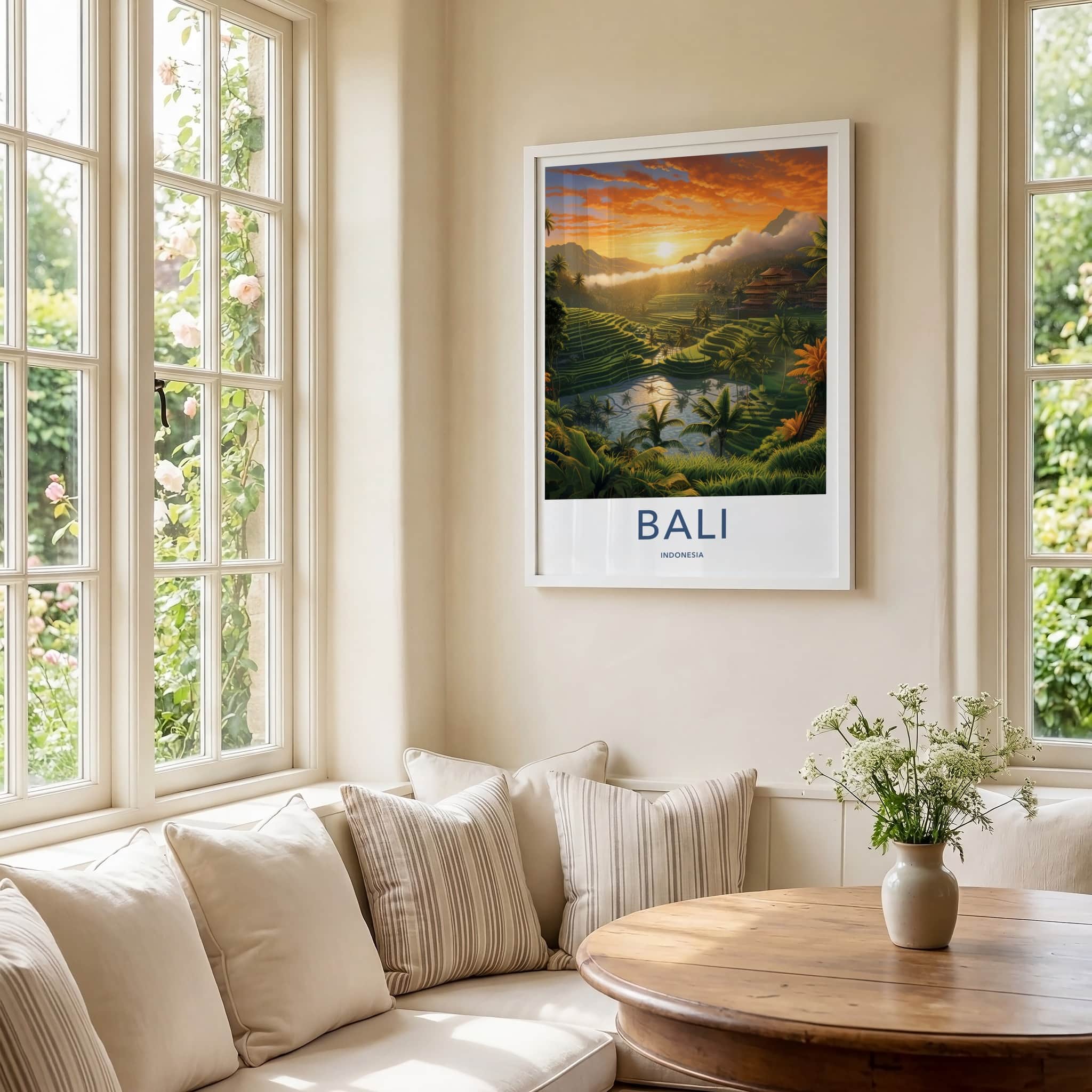 Bali Poster - Indonesia Travel Print - Serene Sunset Terraces Lounge Decor