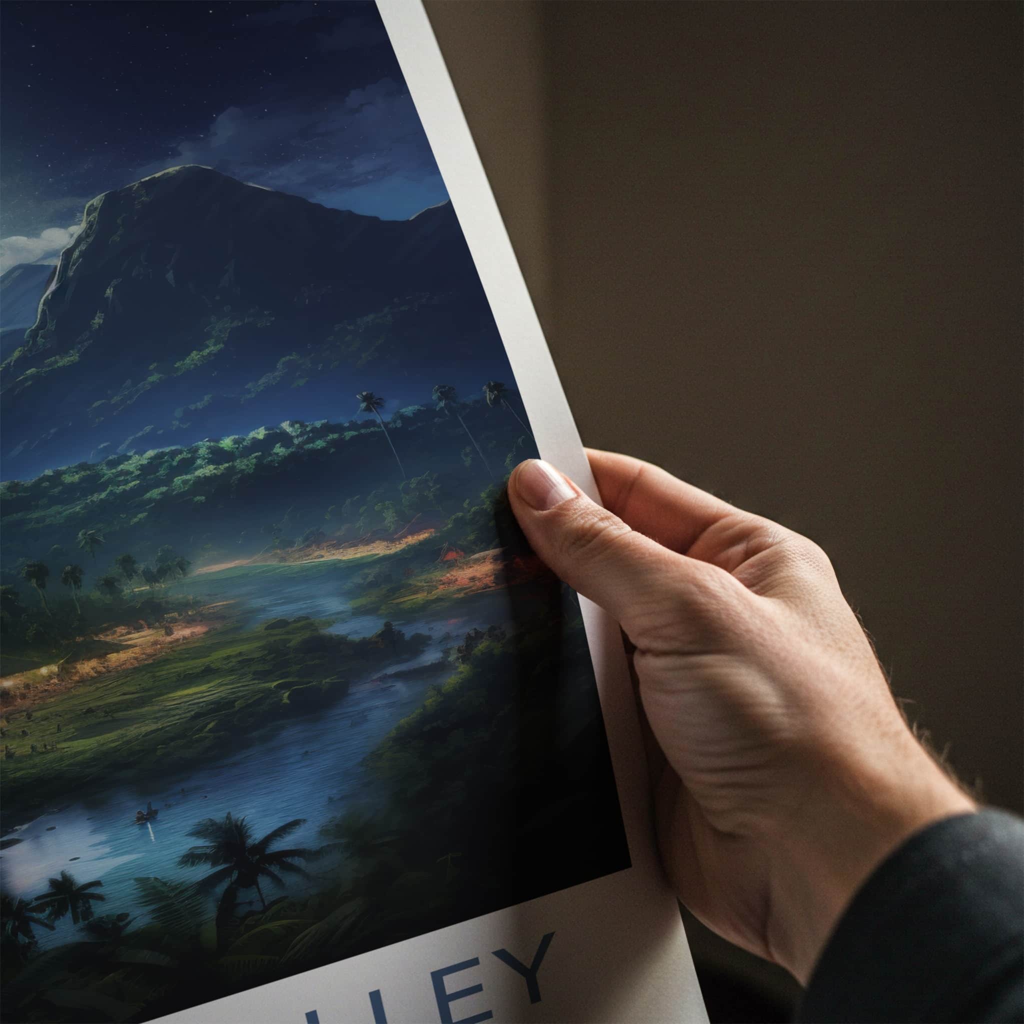 Baliem Valley Poster - Indonesia Travel Art - Moonlit River Huts Home Decor