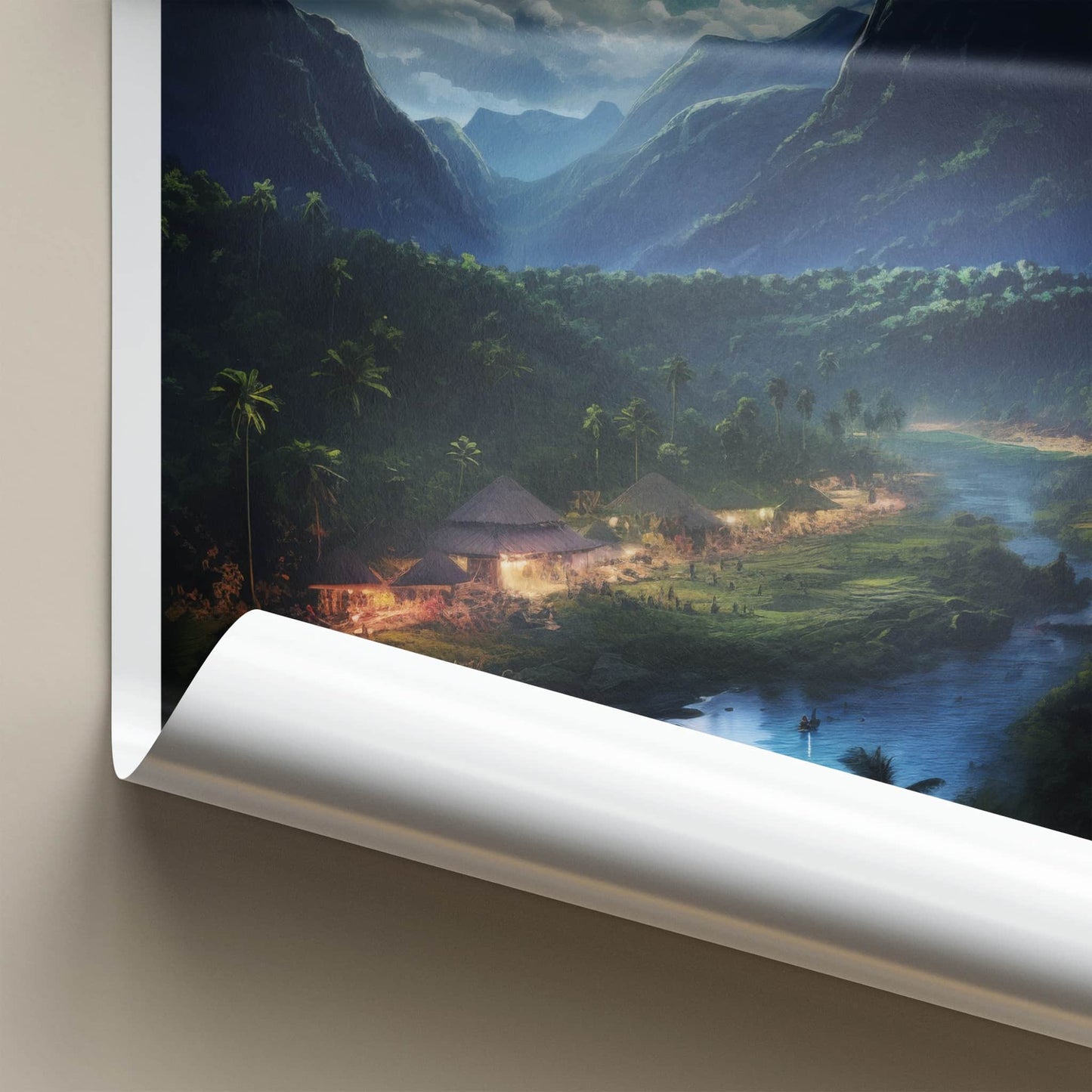 Baliem Valley Poster - Indonesia Travel Art - Moonlit River Huts Home Decor
