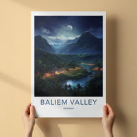 Baliem Valley Poster - Indonesia Travel Art - Moonlit River Huts Home Decor