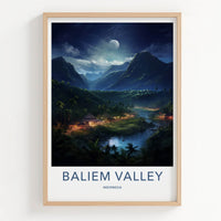 Baliem Valley Poster - Indonesia Travel Art - Moonlit River Huts Home Decor