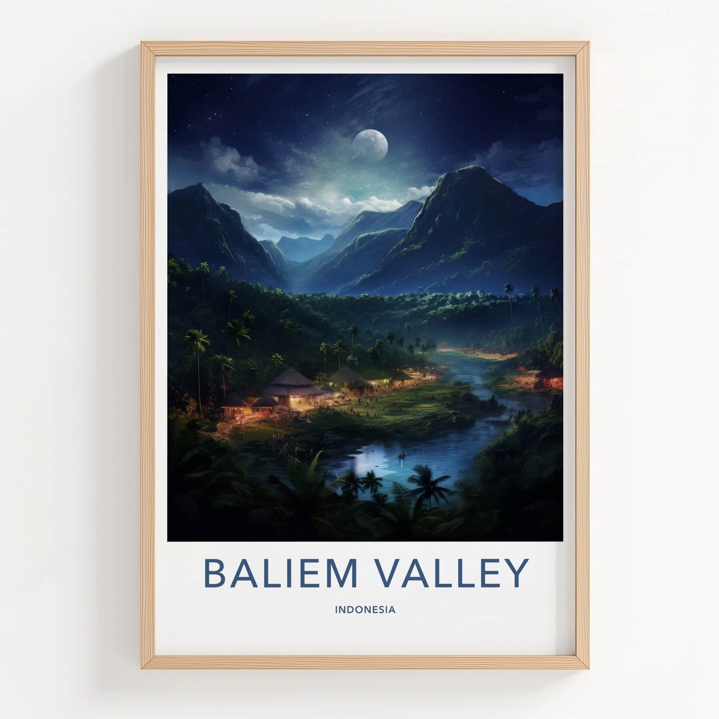 Baliem Valley Poster - Indonesia Travel Art - Moonlit River Huts Home Decor