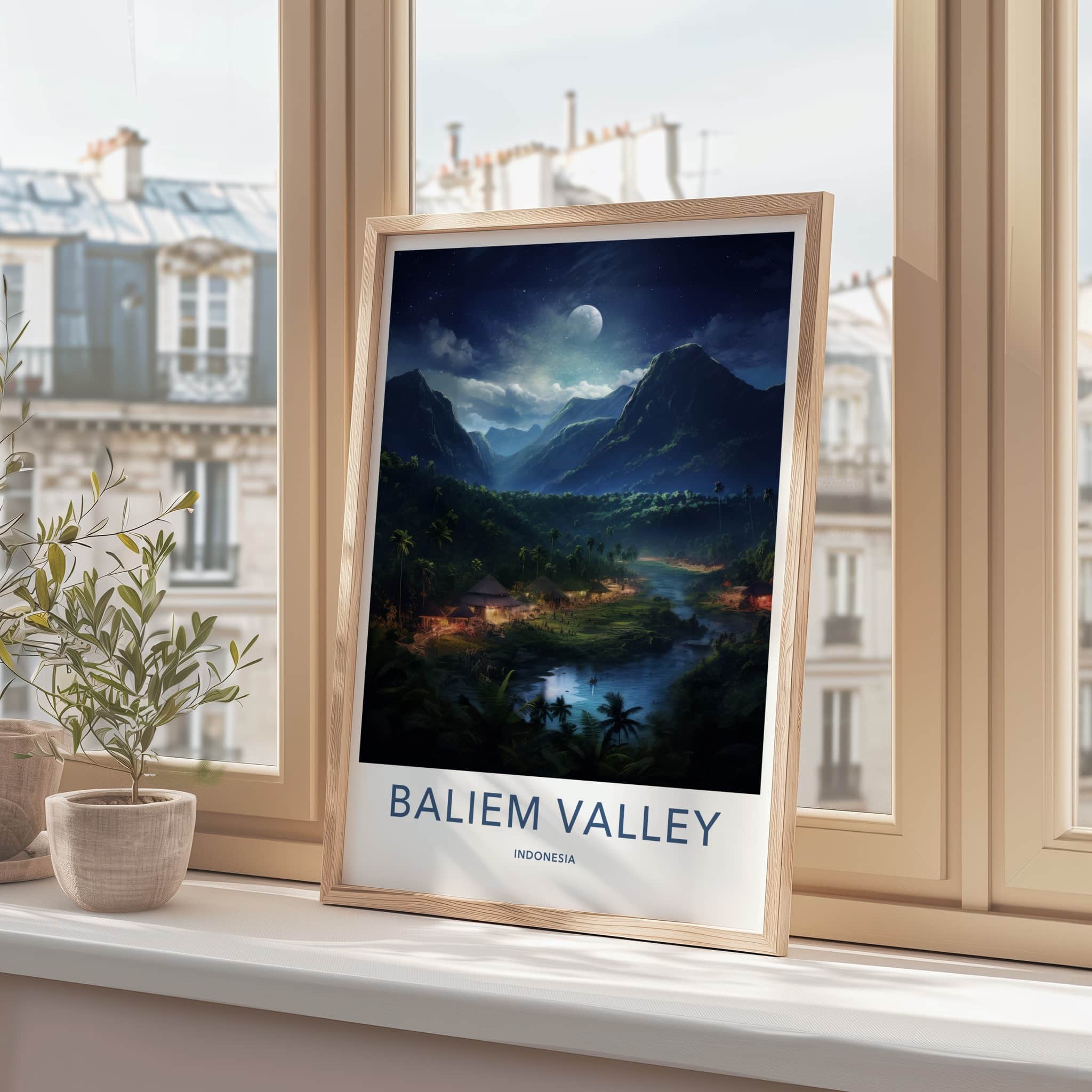 Baliem Valley Poster - Indonesia Travel Art - Moonlit River Huts Home Decor