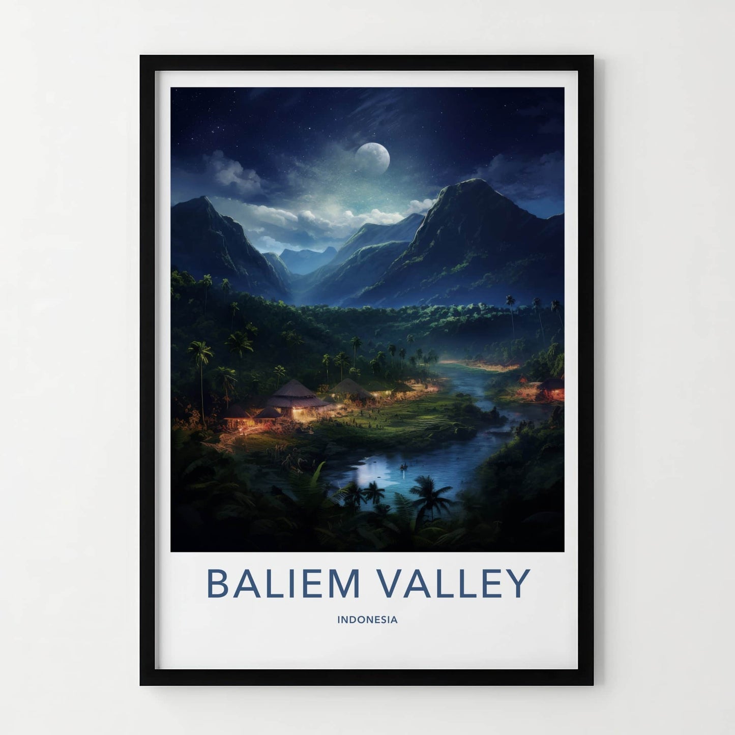 Baliem Valley Poster - Indonesia Travel Art - Moonlit River Huts Home Decor