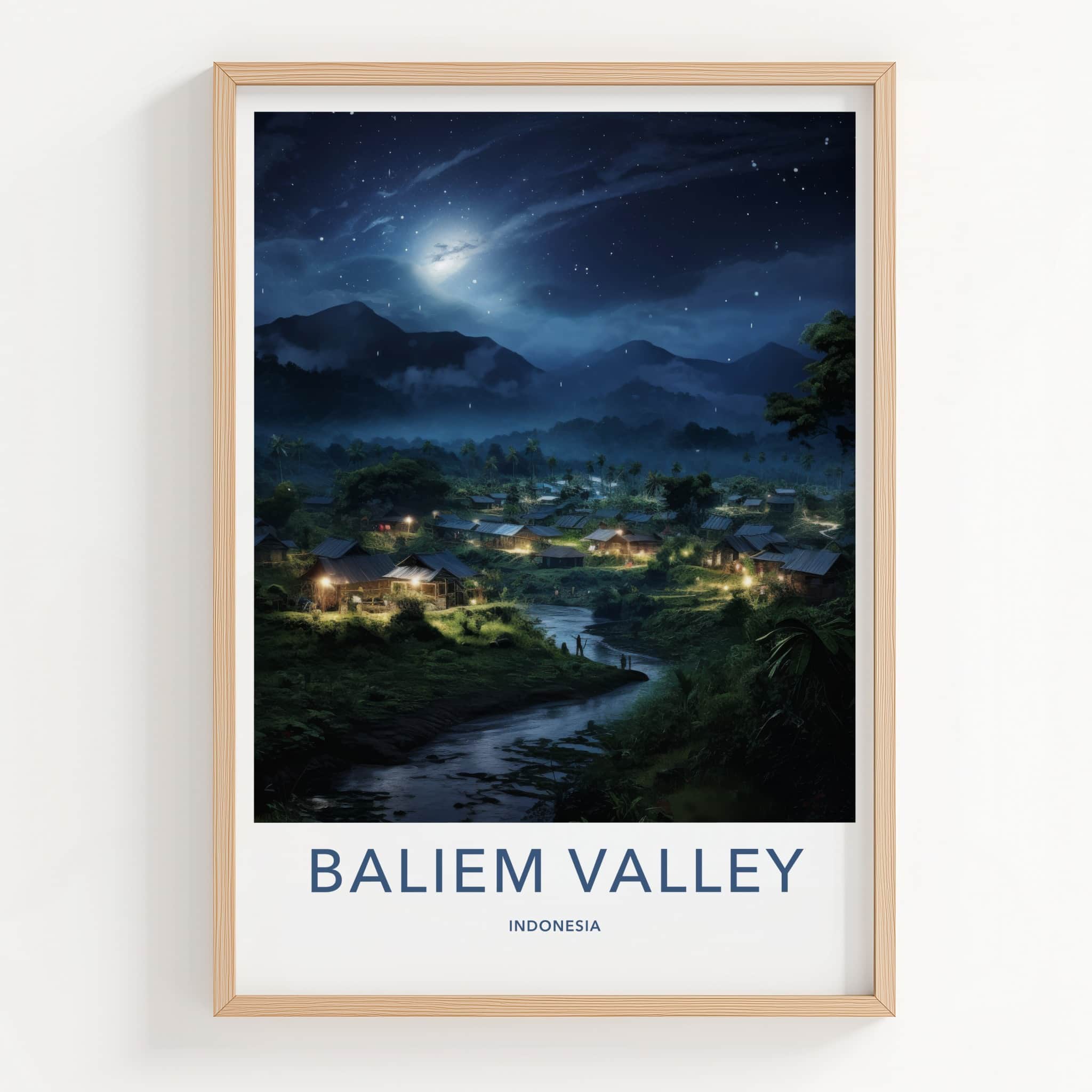 Baliem Valley Poster - Indonesia Travel Art - Moonlit Valley Village Home Decor