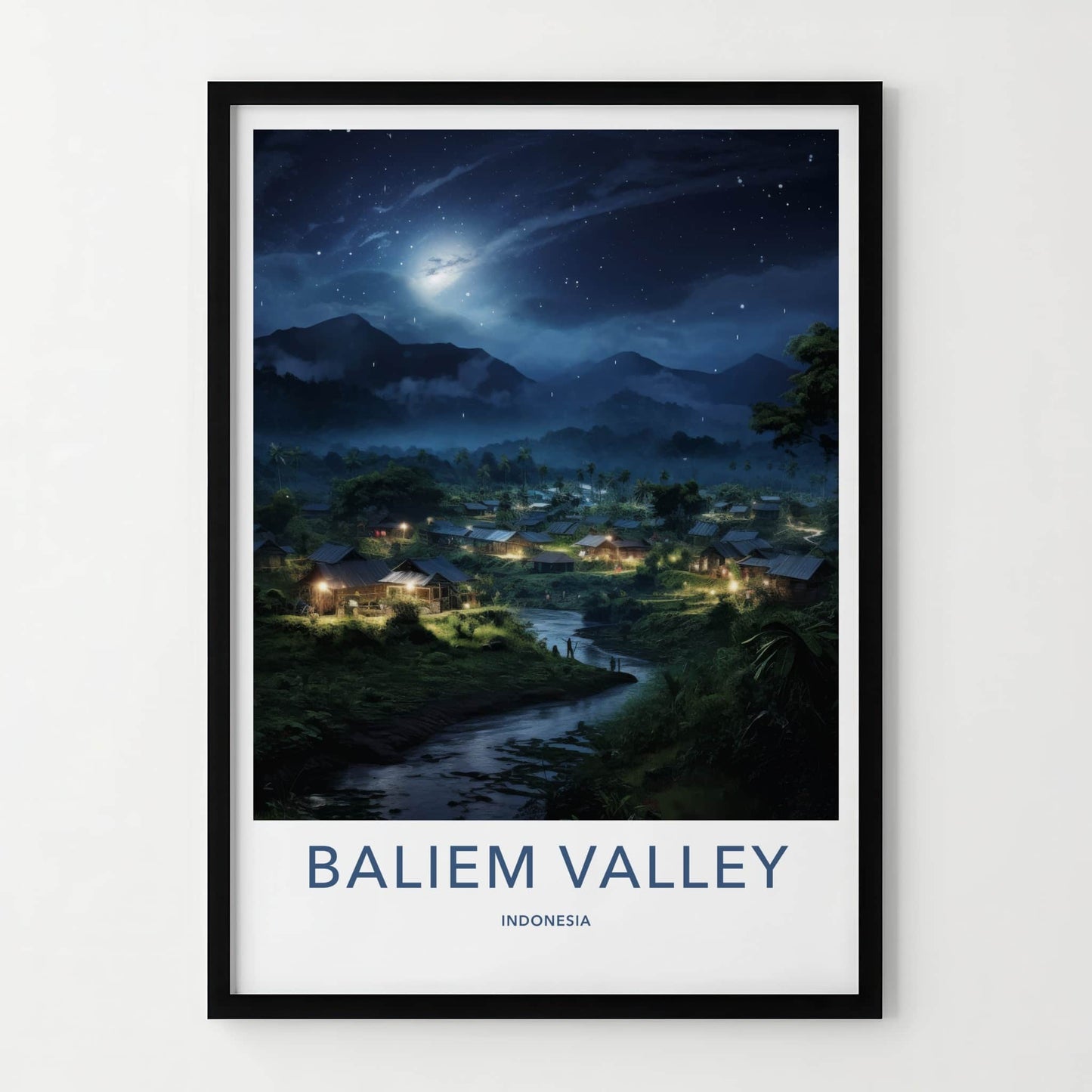Baliem Valley Poster - Indonesia Travel Art - Moonlit Valley Village Home Decor