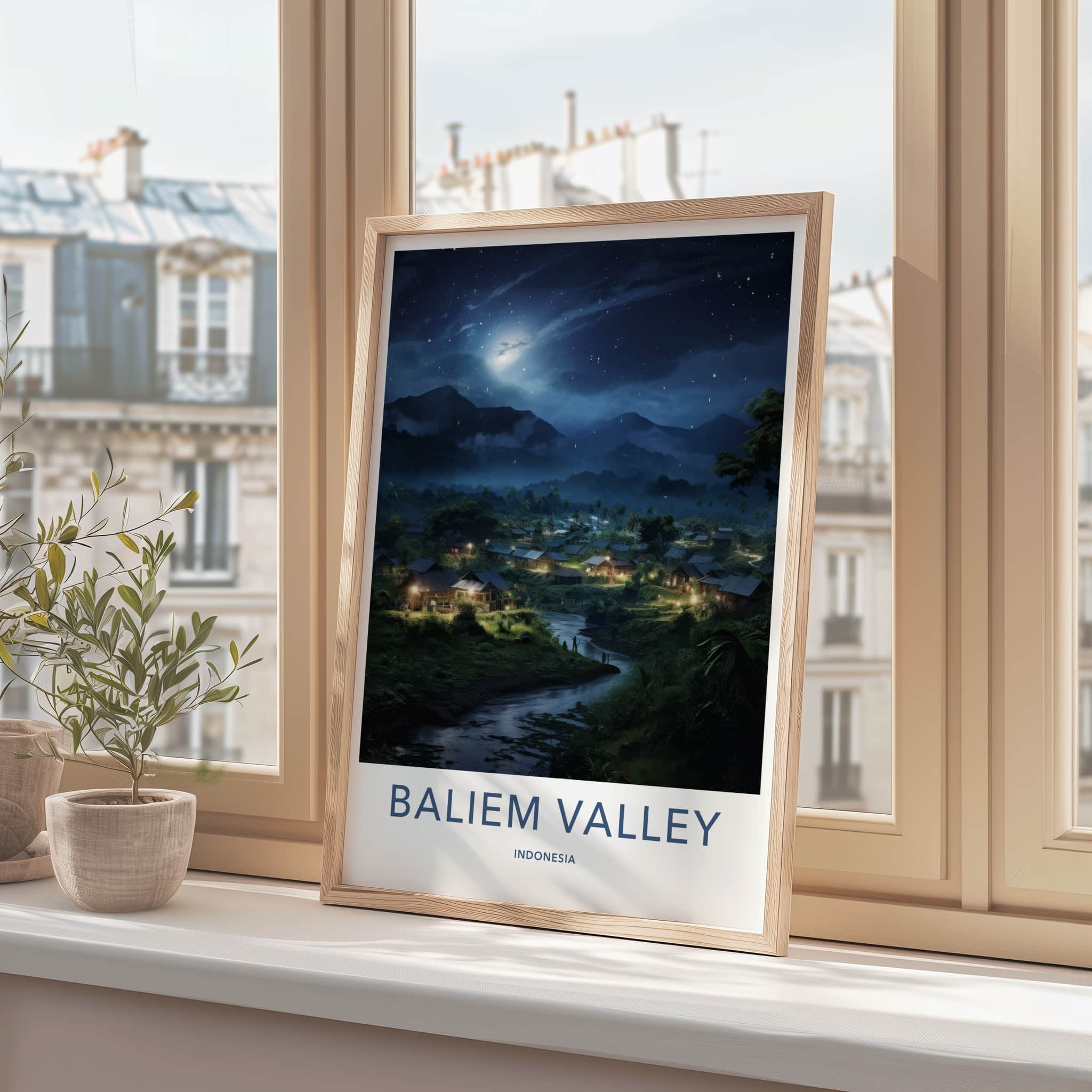 Baliem Valley Poster - Indonesia Travel Art - Moonlit Valley Village Home Decor