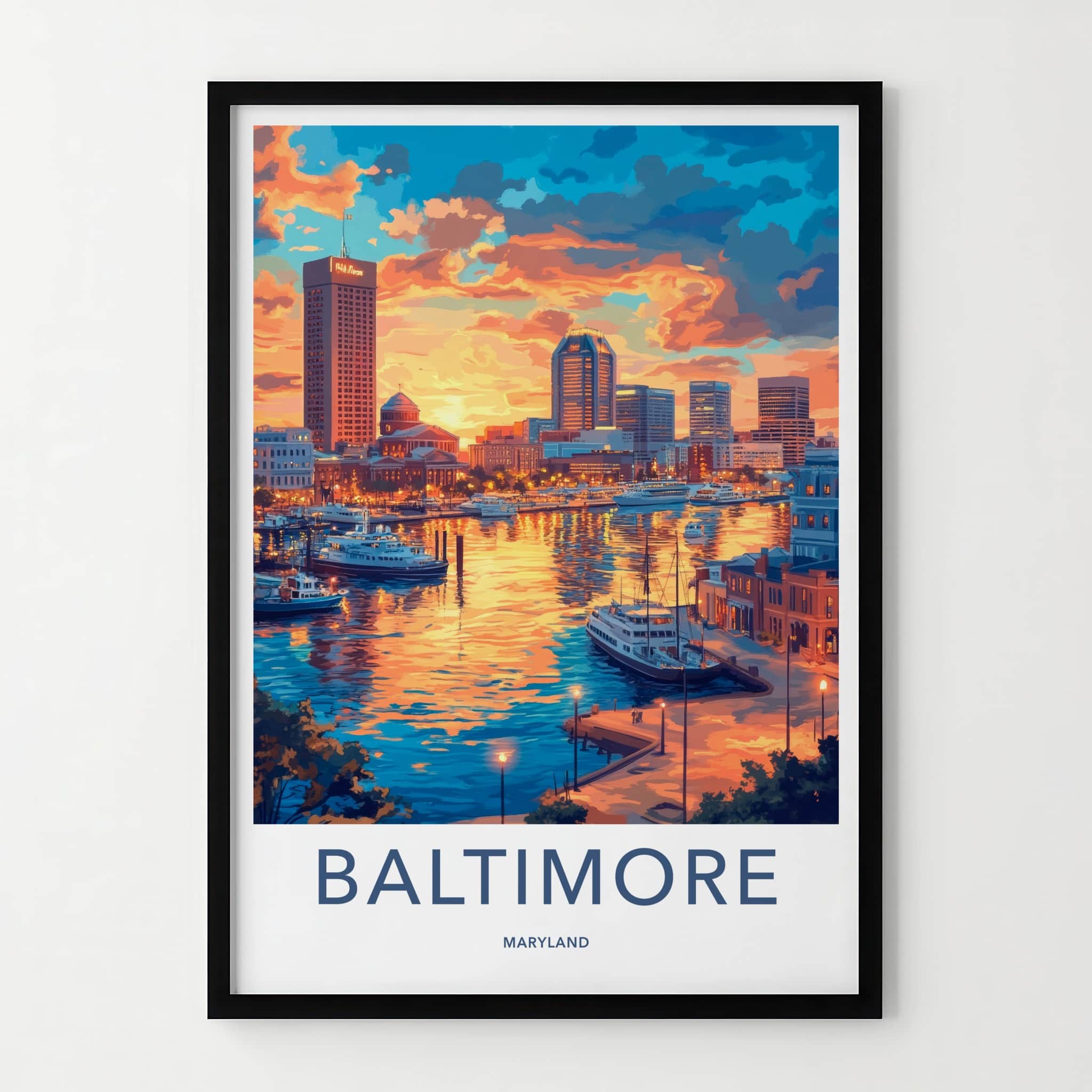 Baltimore Poster - Maryland Travel Art - Harbor Sunset Skyline Home Decor