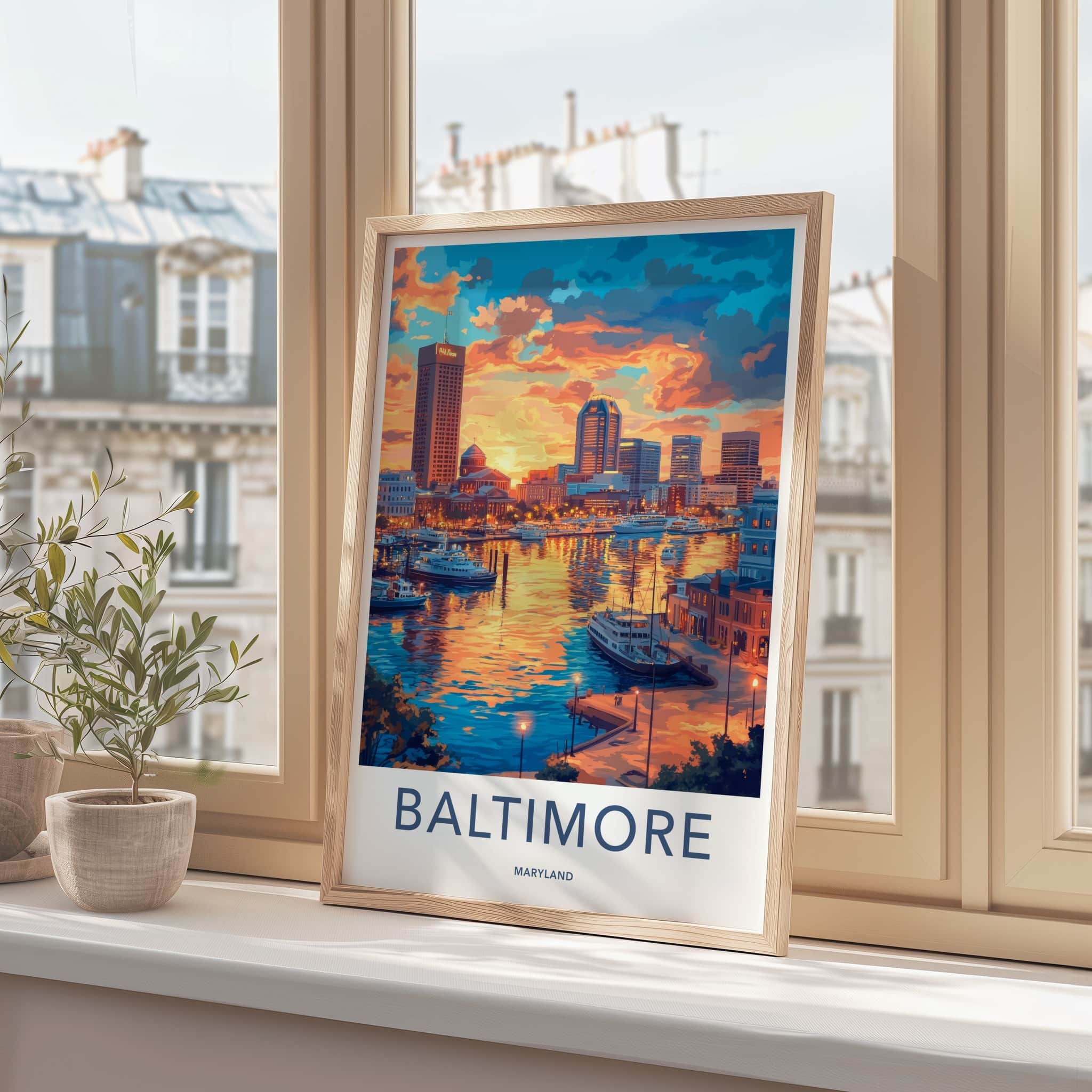 Baltimore Poster - Maryland Travel Art - Harbor Sunset Skyline Home Decor