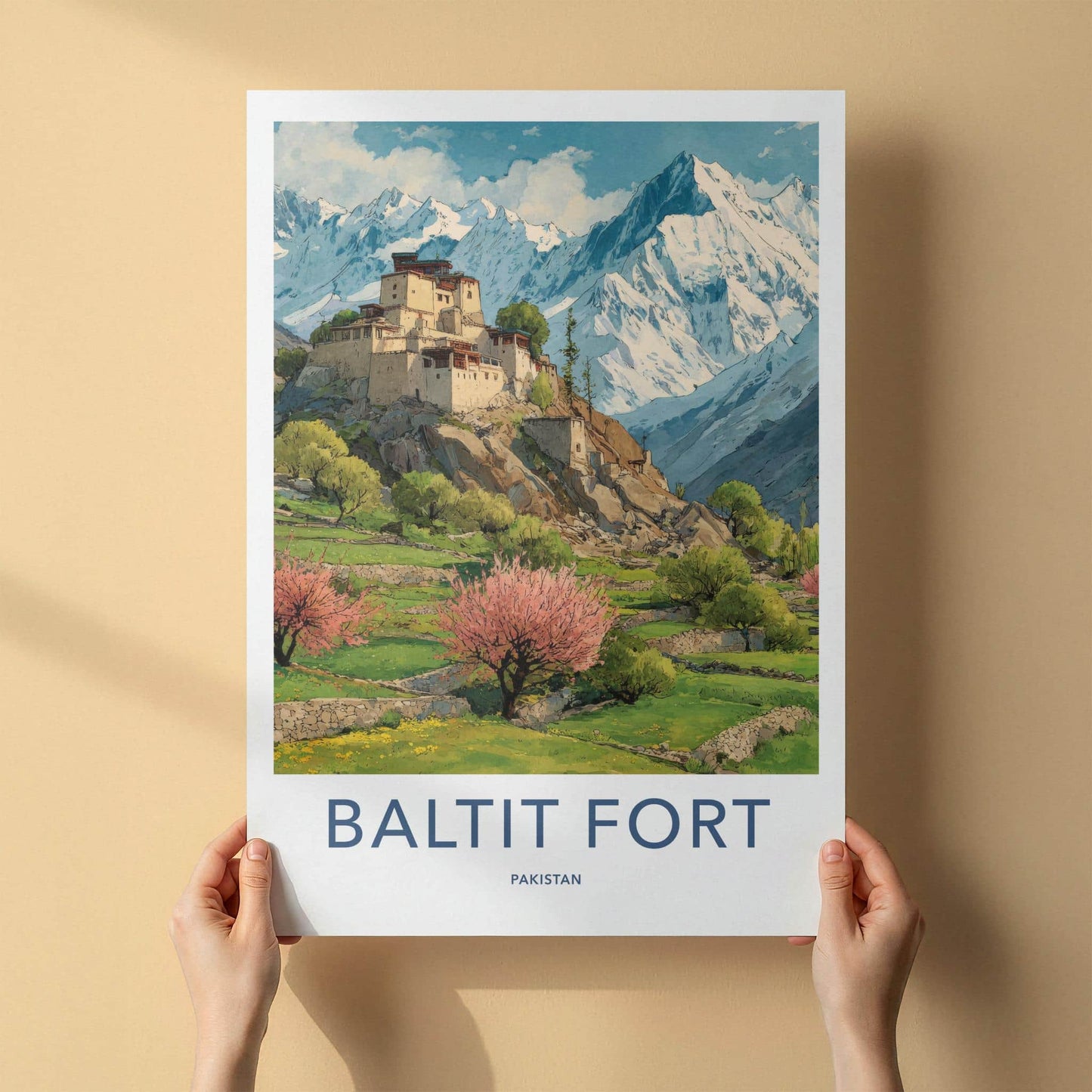 Baltit Fort Poster - Pakistan Travel Print - mountain spring blossoms Wall Decor