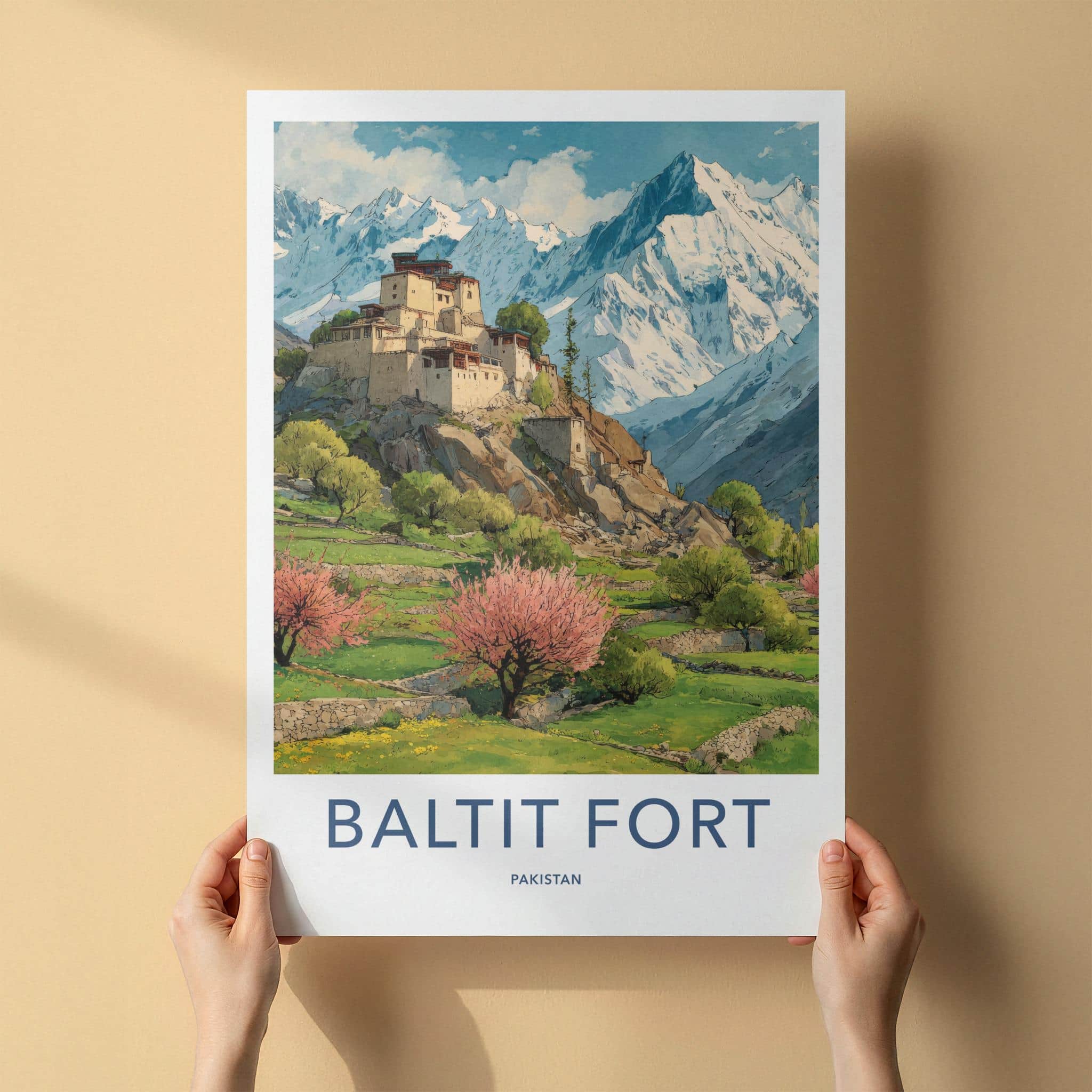 Baltit Fort Poster - Pakistan Travel Print - mountain spring blossoms Wall Decor