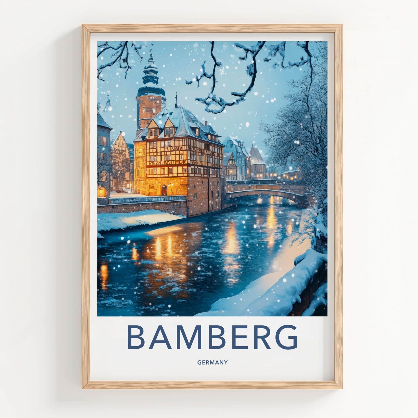 Bamberg Poster - Germany Framed Print - Illuminated Bridge Scene Lounge Decor
