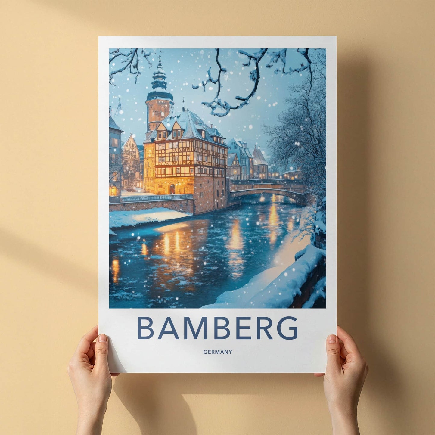 Bamberg Poster - Germany Framed Print - Illuminated Bridge Scene Lounge Decor
