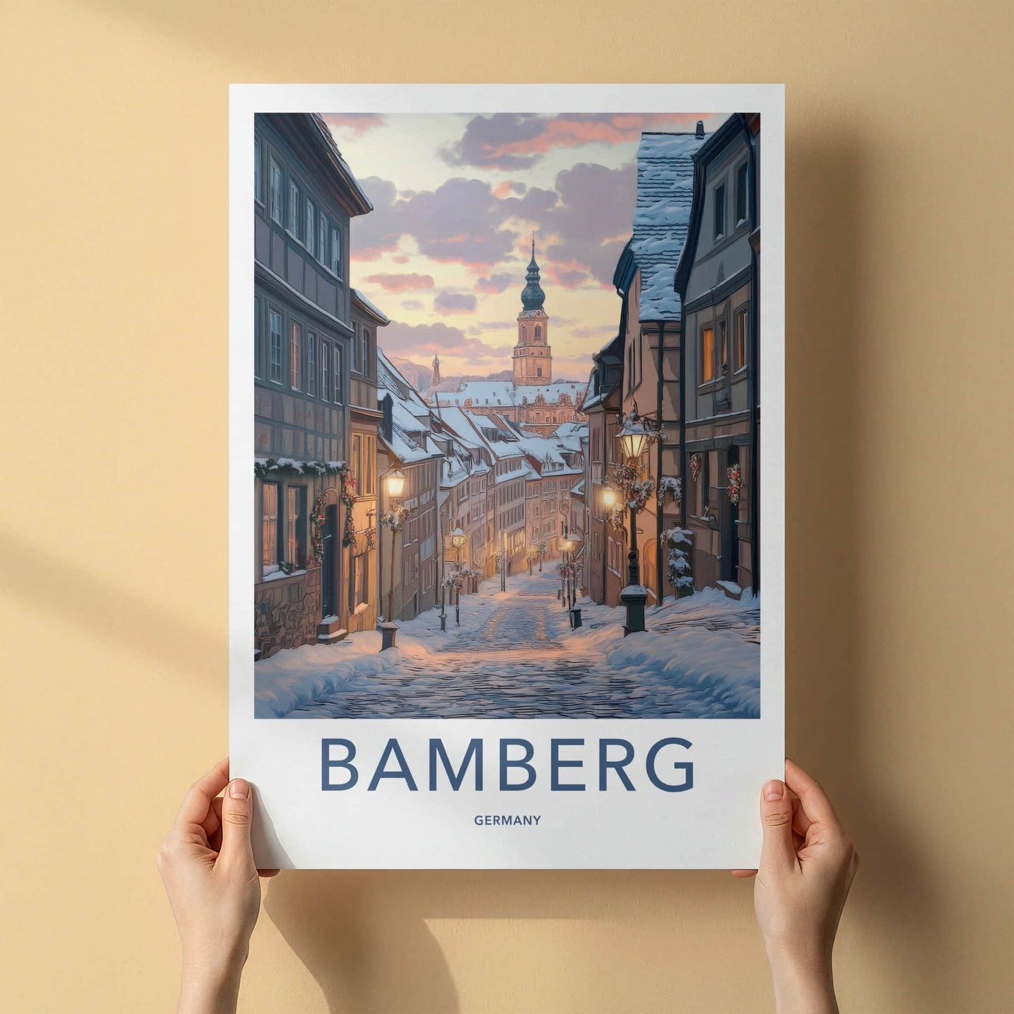 Bamberg Poster - Germany Travel Art - Illuminated Winter Street Home Decor