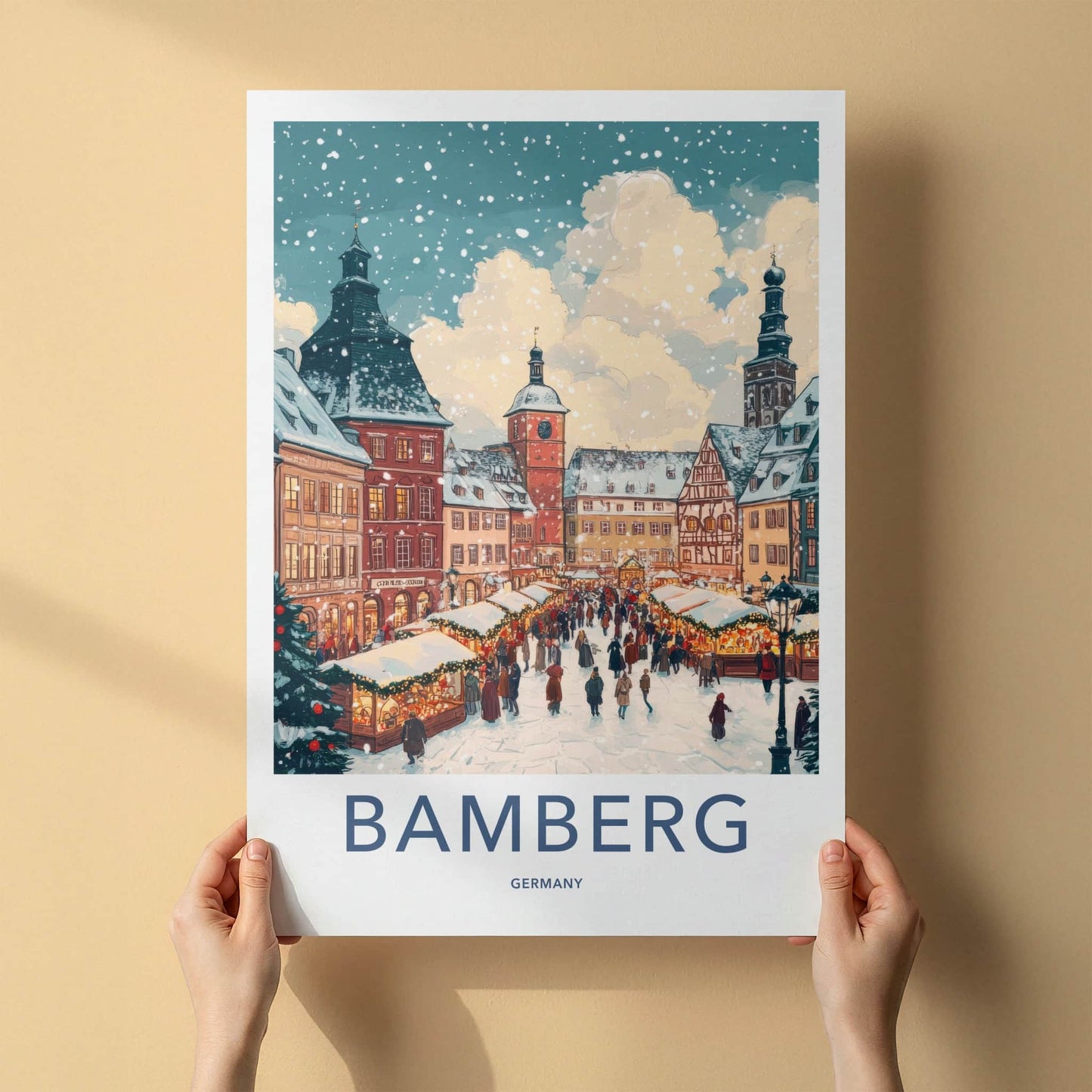 Bamberg Poster - Germany Travel Art - Snowy Market Square Home Decor