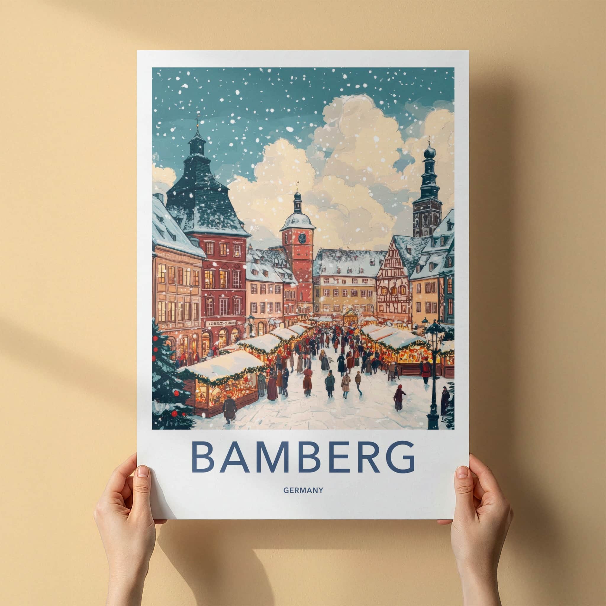 Bamberg Poster - Germany Travel Art - Snowy Market Square Home Decor