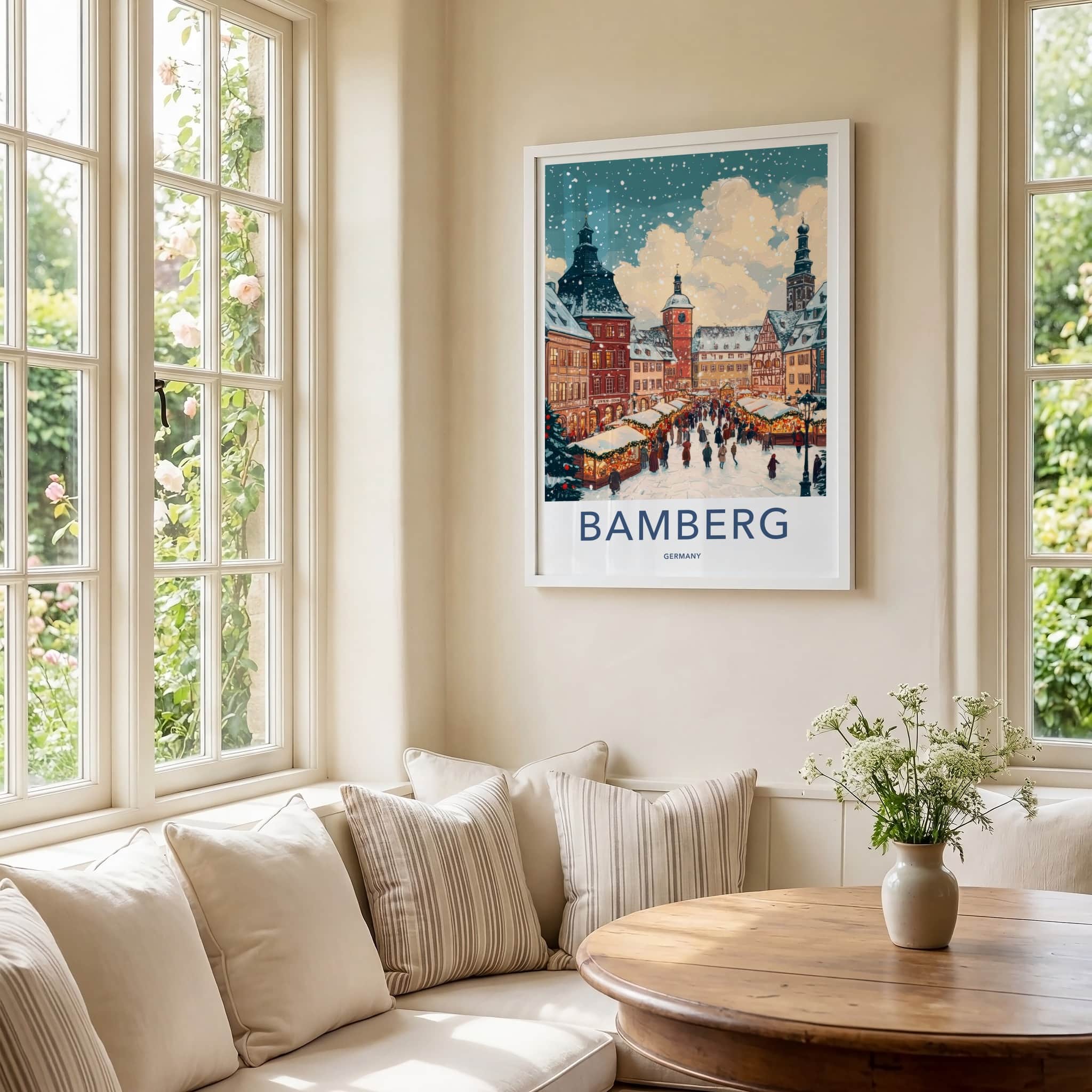 Bamberg Poster - Germany Travel Art - Snowy Market Square Home Decor
