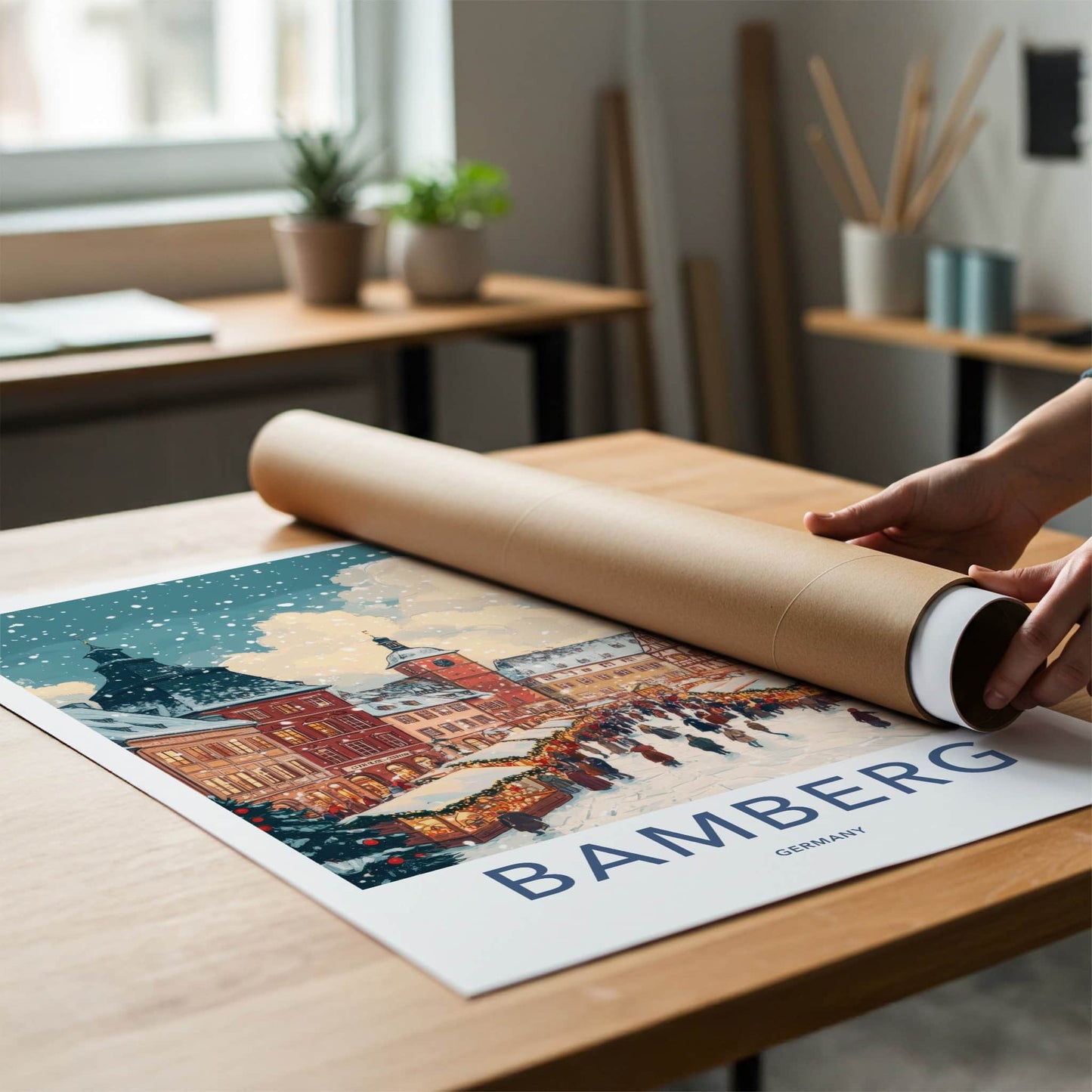 Bamberg Poster - Germany Travel Art - Snowy Market Square Home Decor