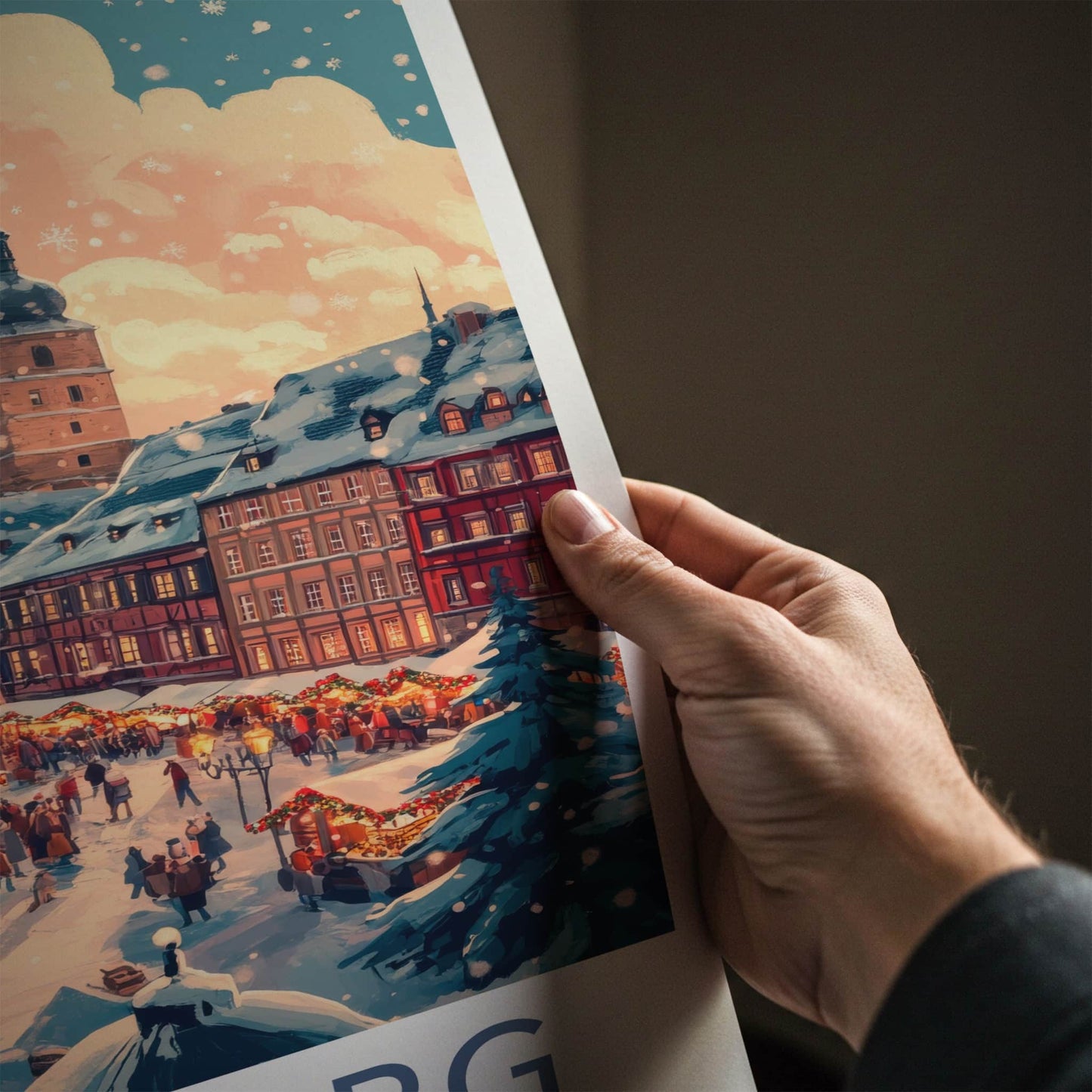 Bamberg Poster - Germany Travel Art - Snowy Market Square Home Decor