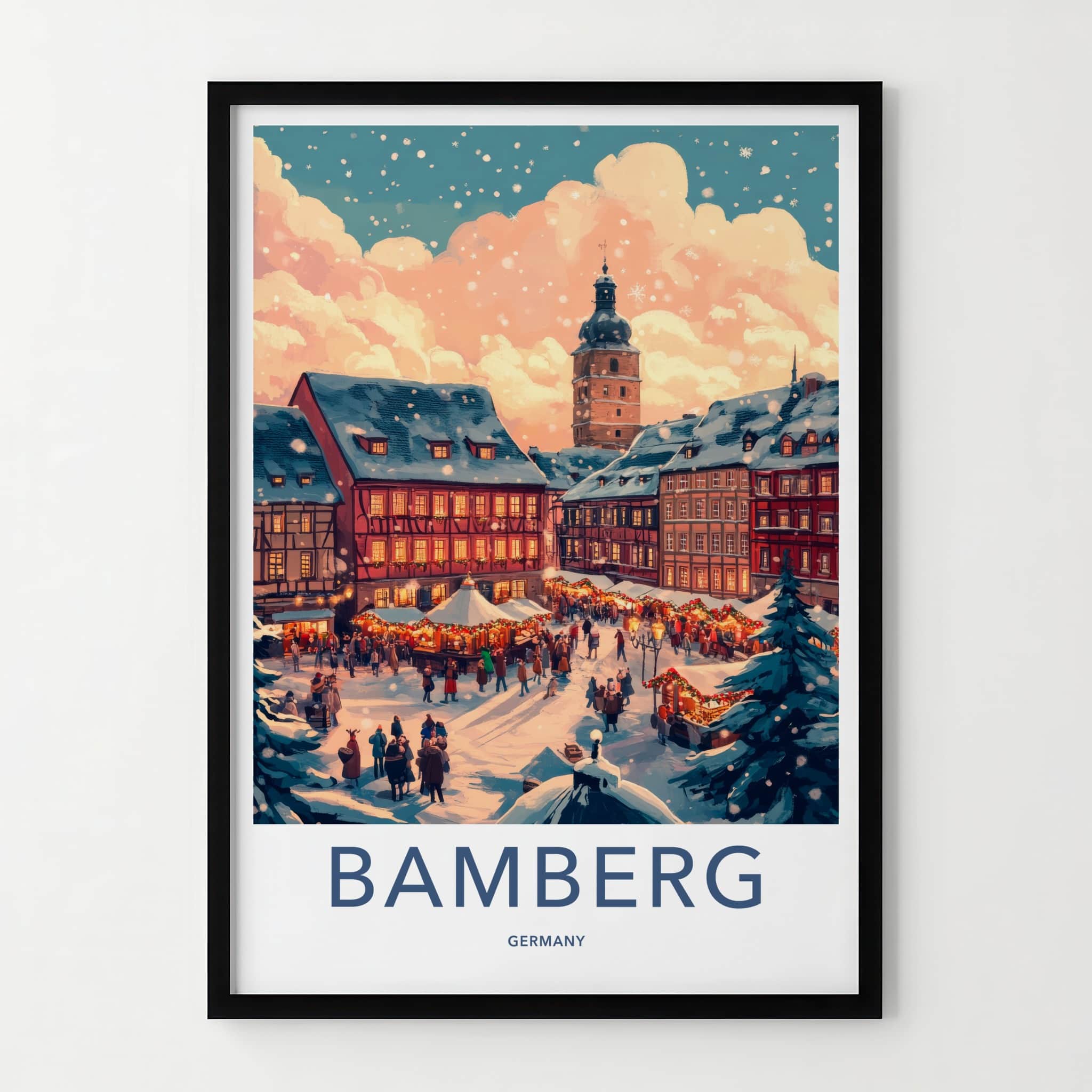 Bamberg Poster - Germany Travel Art - Snowy Market Square Home Decor