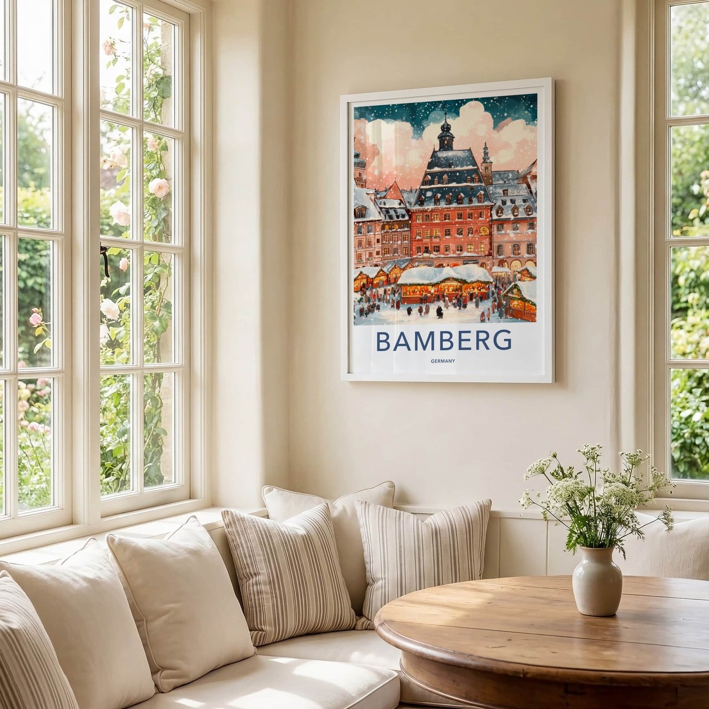 Bamberg Poster - Germany Travel Art - Snowy Town Market Framed Decor