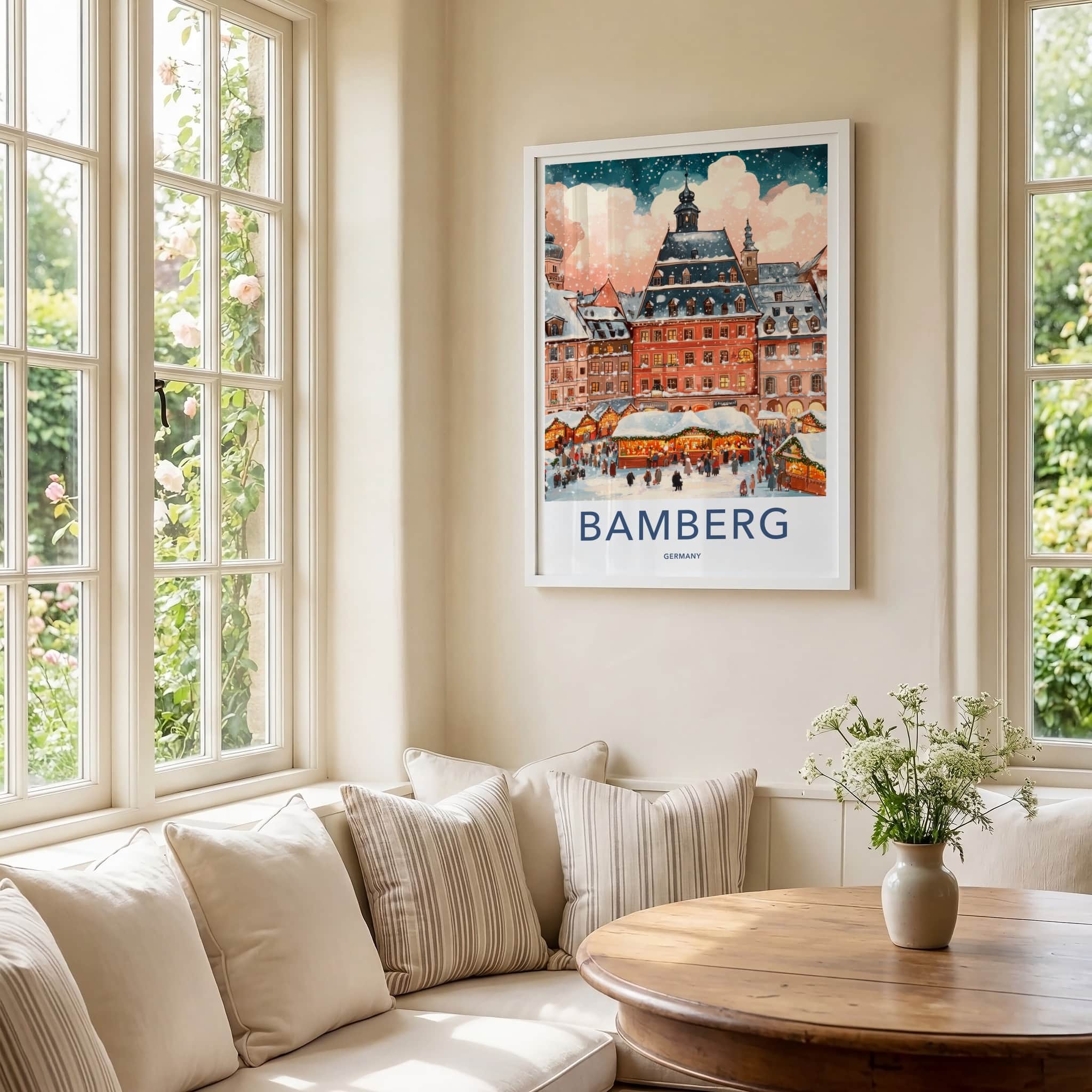 Bamberg Poster - Germany Travel Art - Snowy Town Market Framed Decor