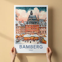 Bamberg Poster - Germany Travel Art - Snowy Town Market Framed Decor