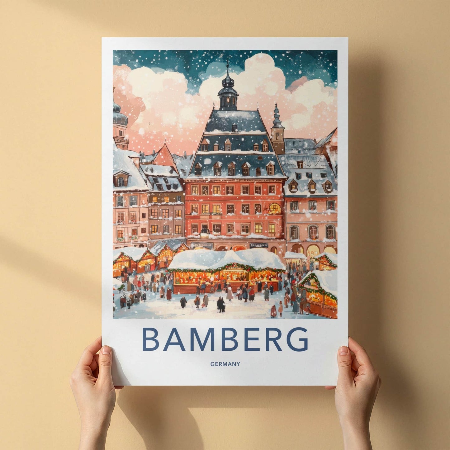 Bamberg Poster - Germany Travel Art - Snowy Town Market Framed Decor