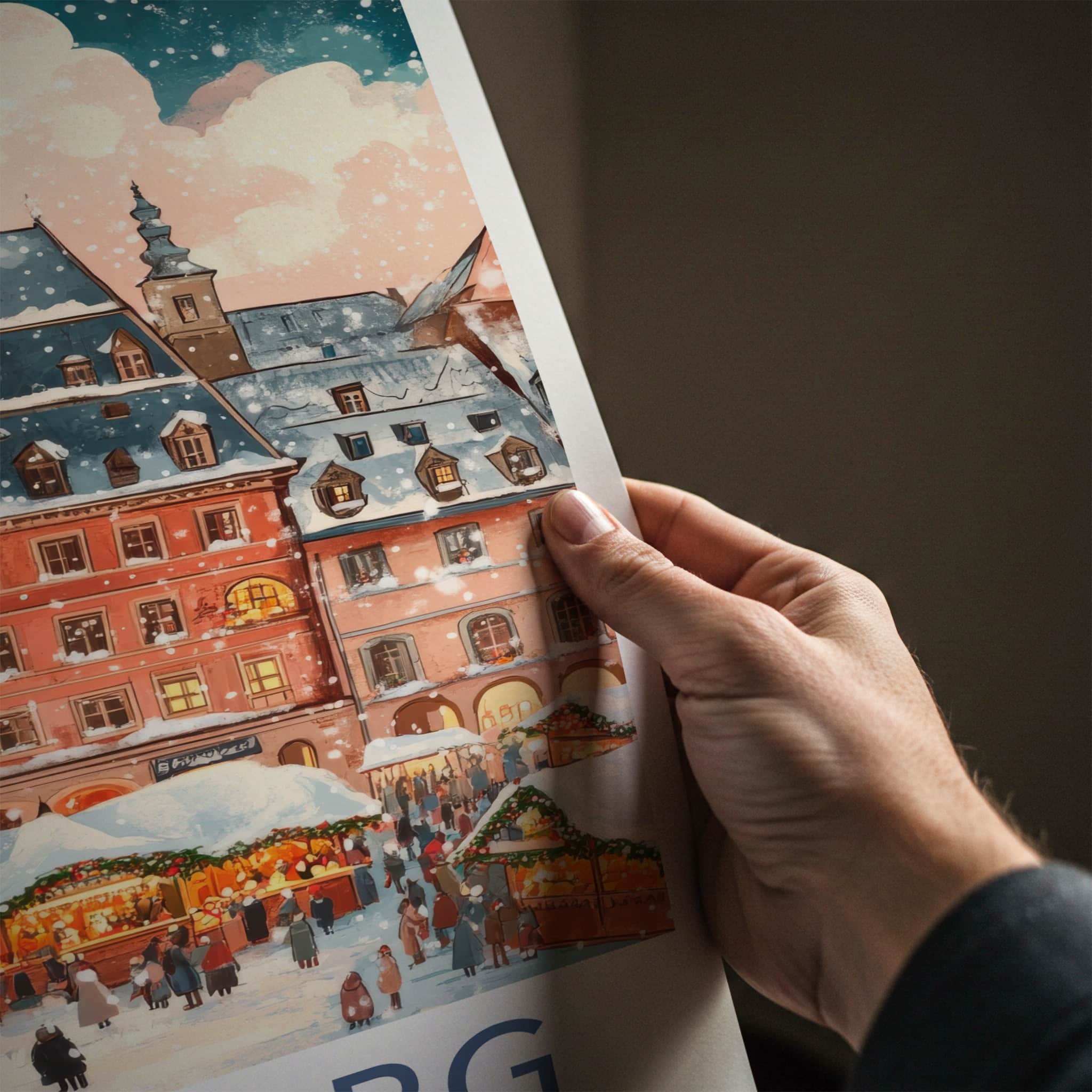 Bamberg Poster - Germany Travel Art - Snowy Town Market Framed Decor