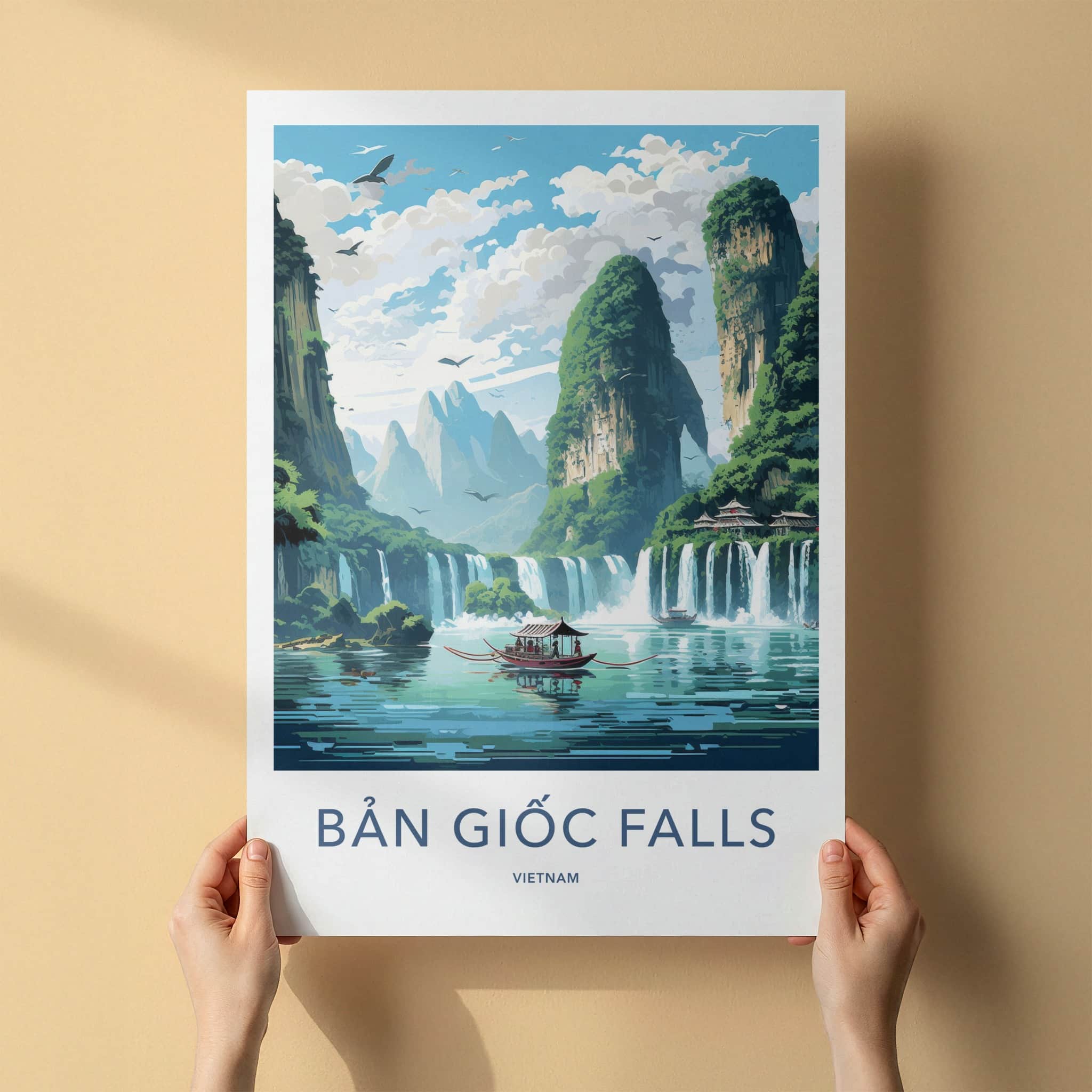 Ban Gioc Falls Poster - Vietnam Travel Art - Lush Mountains Waterfalls Home Decor