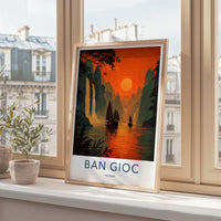 Ban Gioc Poster - Vietnam Travel Art - Fiery sunset boats Wall Decor