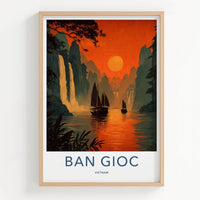 Ban Gioc Poster - Vietnam Travel Art - Fiery sunset boats Wall Decor