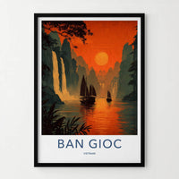 Ban Gioc Poster - Vietnam Travel Art - Fiery sunset boats Wall Decor