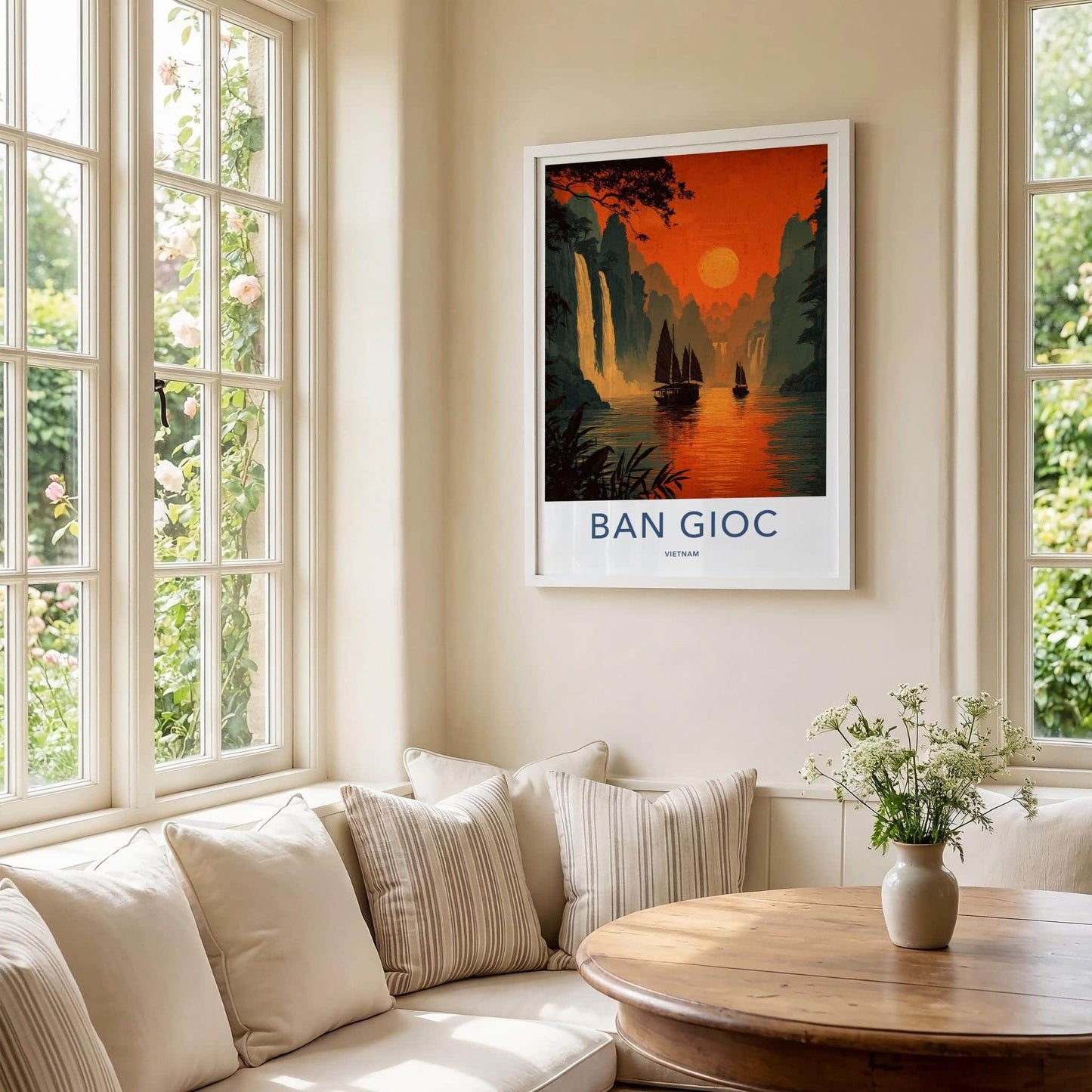 Ban Gioc Poster - Vietnam Travel Art - Fiery sunset boats Wall Decor