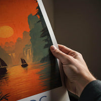Ban Gioc Poster - Vietnam Travel Art - Fiery sunset boats Wall Decor