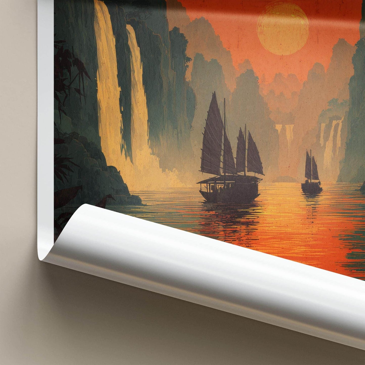 Ban Gioc Poster - Vietnam Travel Art - Fiery sunset boats Wall Decor