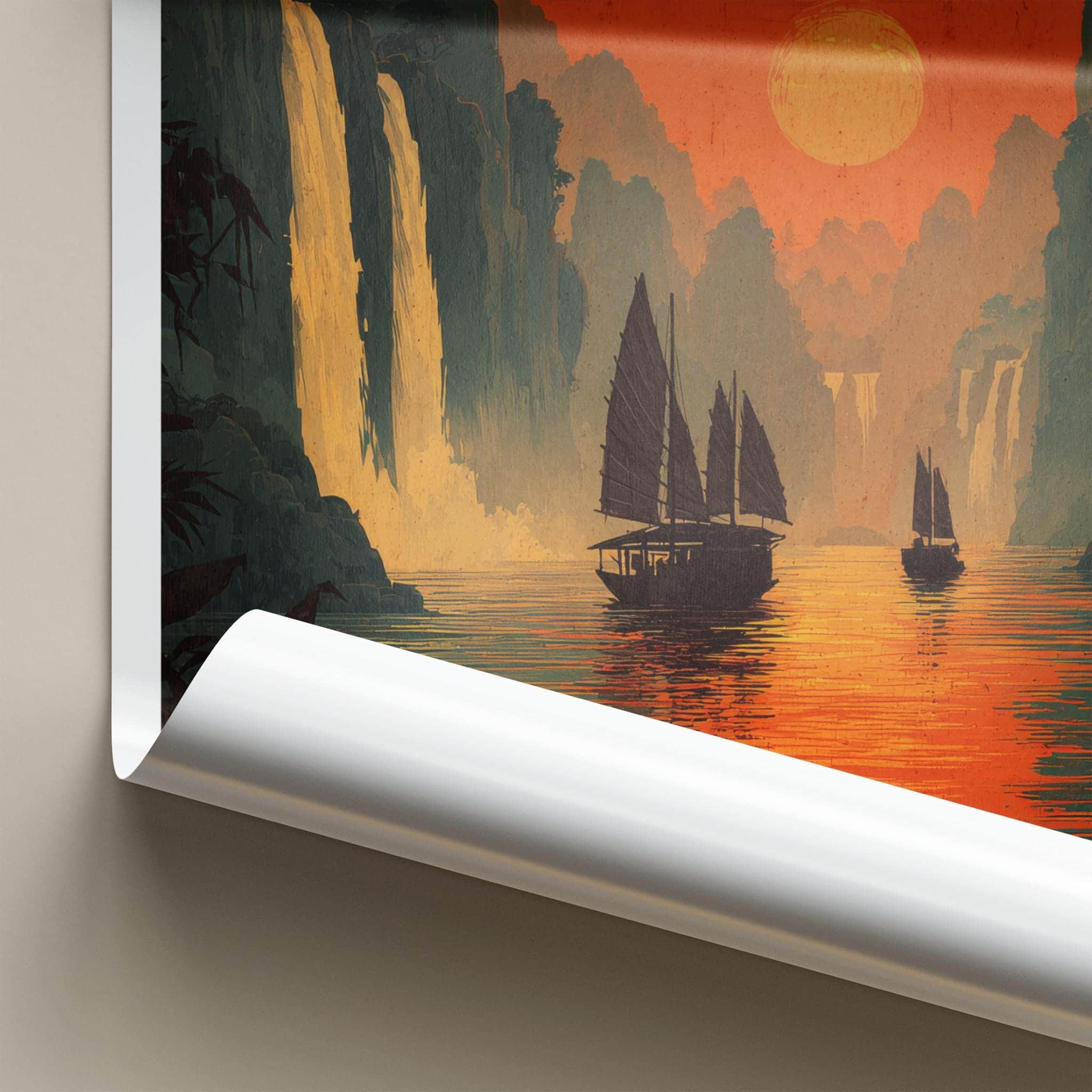 Ban Gioc Poster - Vietnam Travel Art - Fiery sunset boats Wall Decor