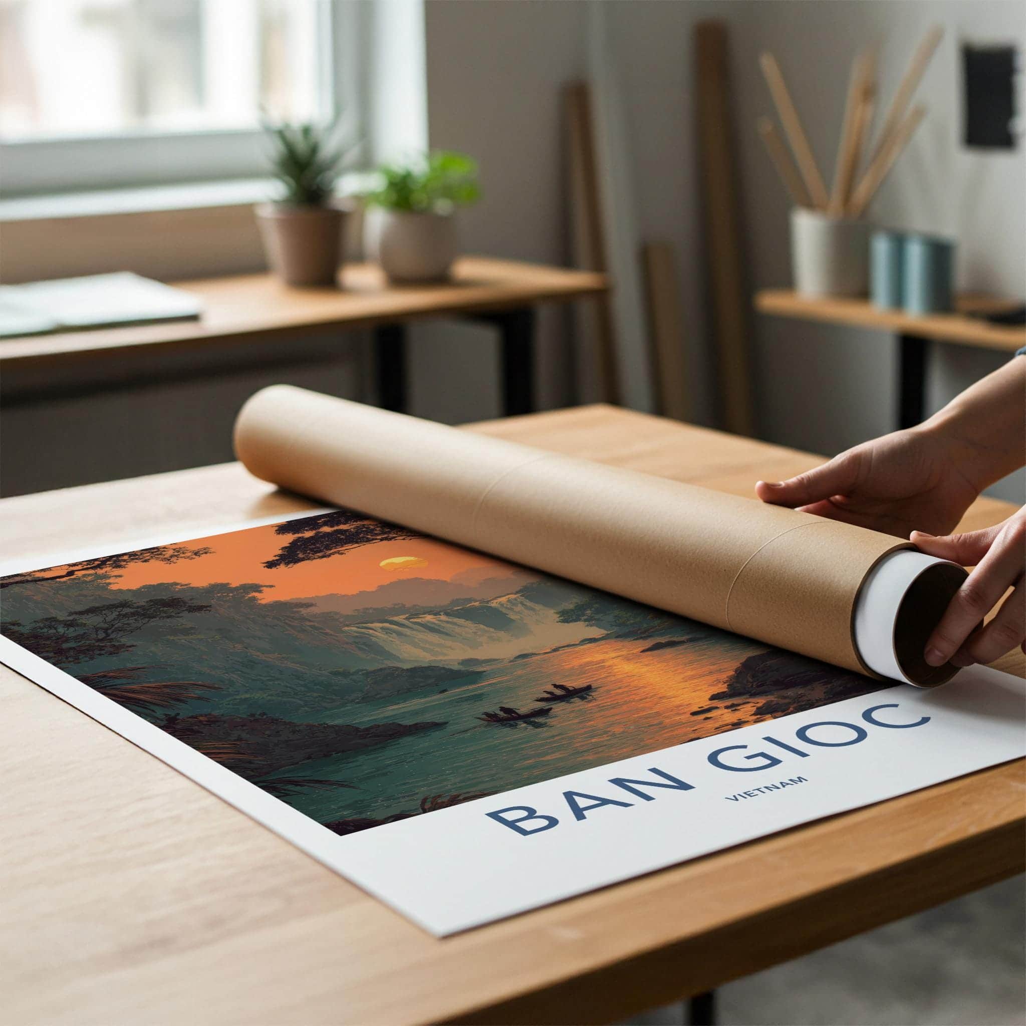 Ban Gioc Poster - Vietnam Travel Art - Lush River Falls Sunset Home Decor