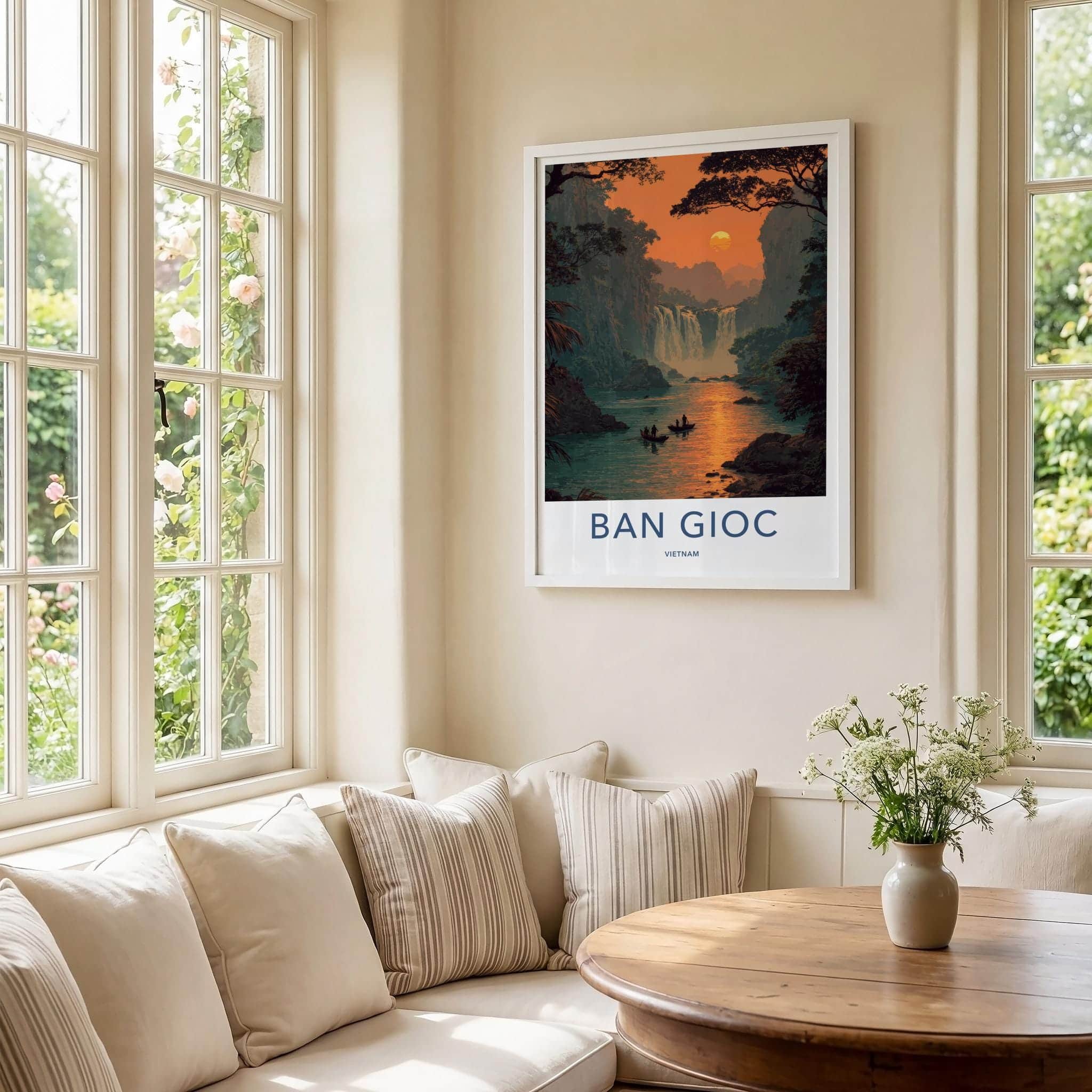 Ban Gioc Poster - Vietnam Travel Art - Lush River Falls Sunset Home Decor