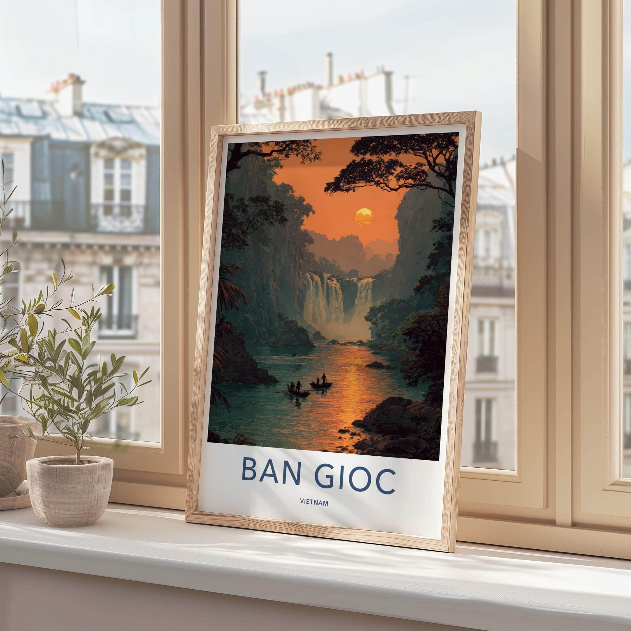 Ban Gioc Poster - Vietnam Travel Art - Lush River Falls Sunset Home Decor