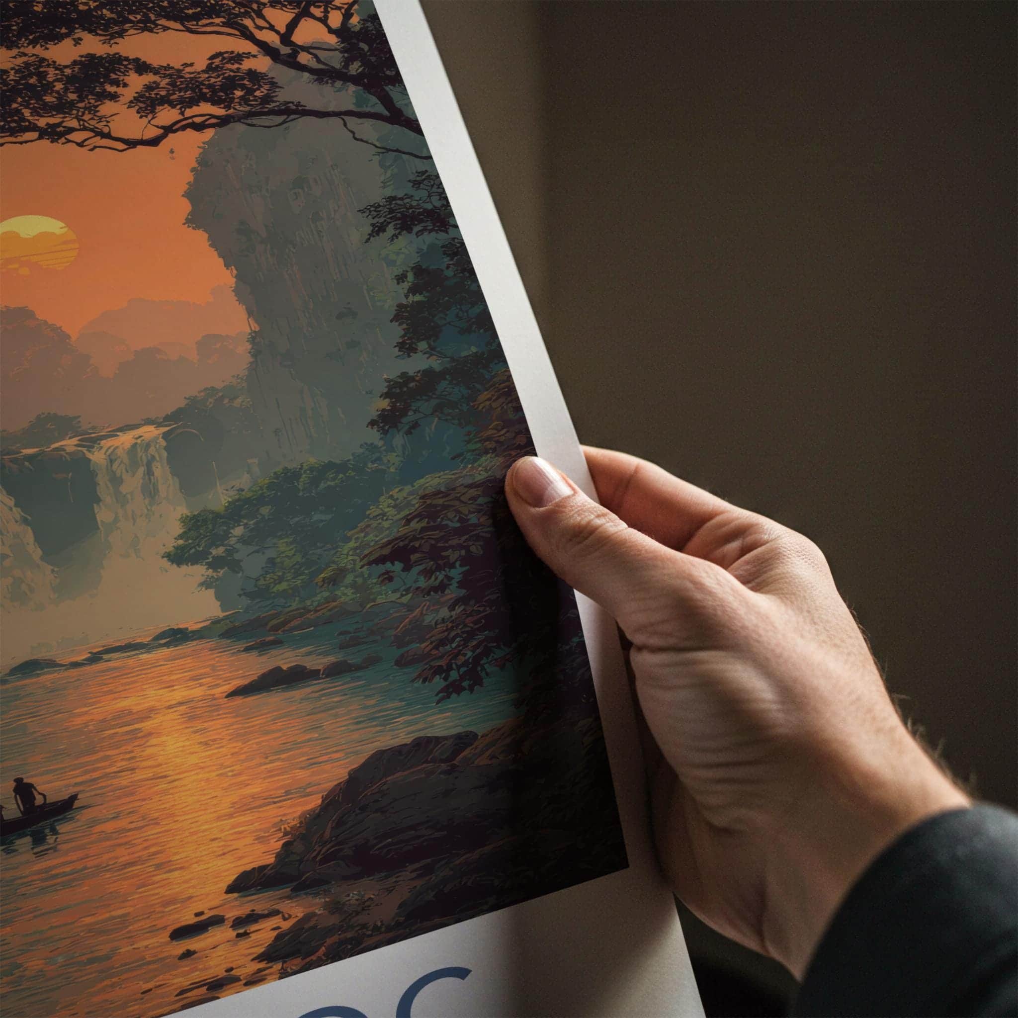 Ban Gioc Poster - Vietnam Travel Art - Lush River Falls Sunset Home Decor