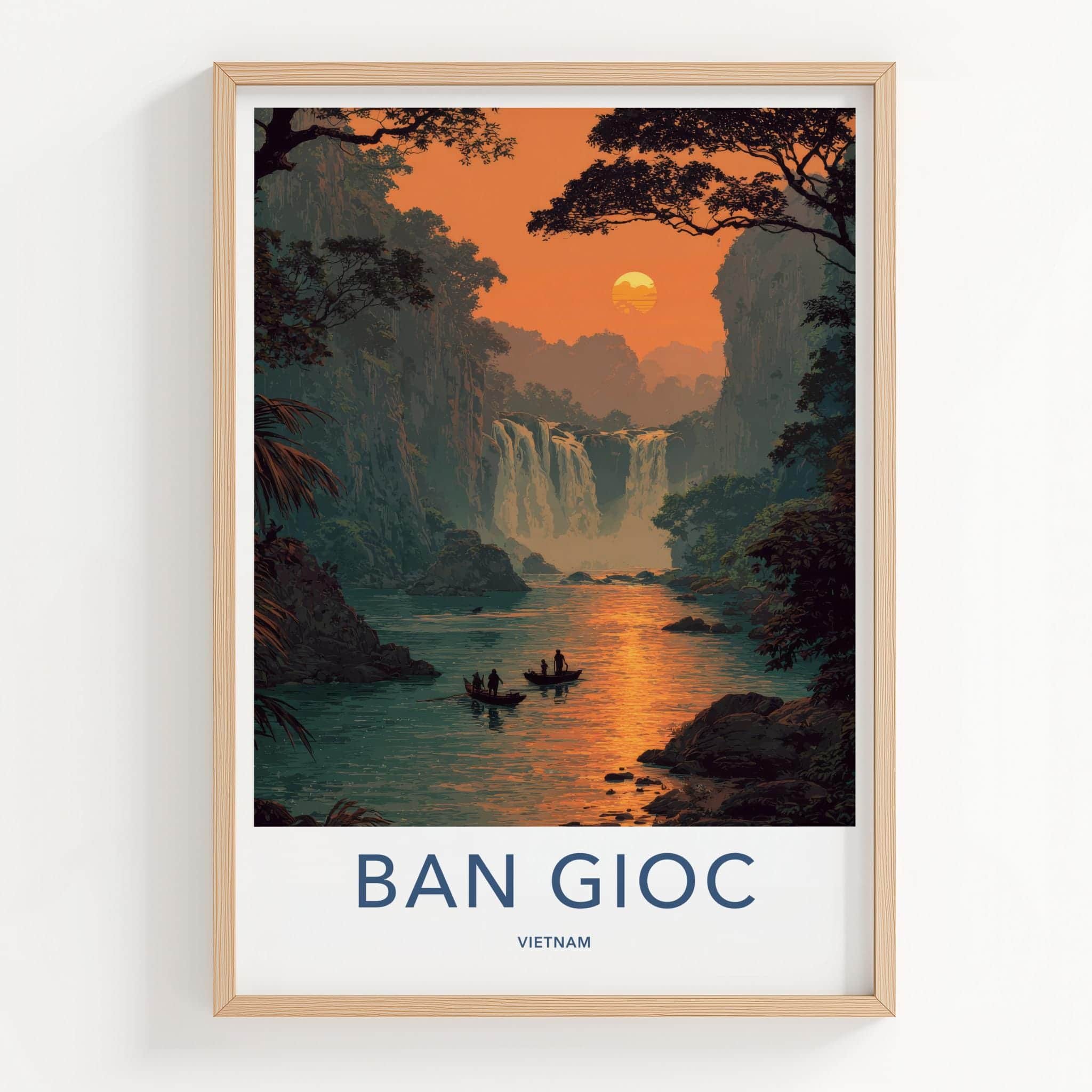 Ban Gioc Poster - Vietnam Travel Art - Lush River Falls Sunset Home Decor