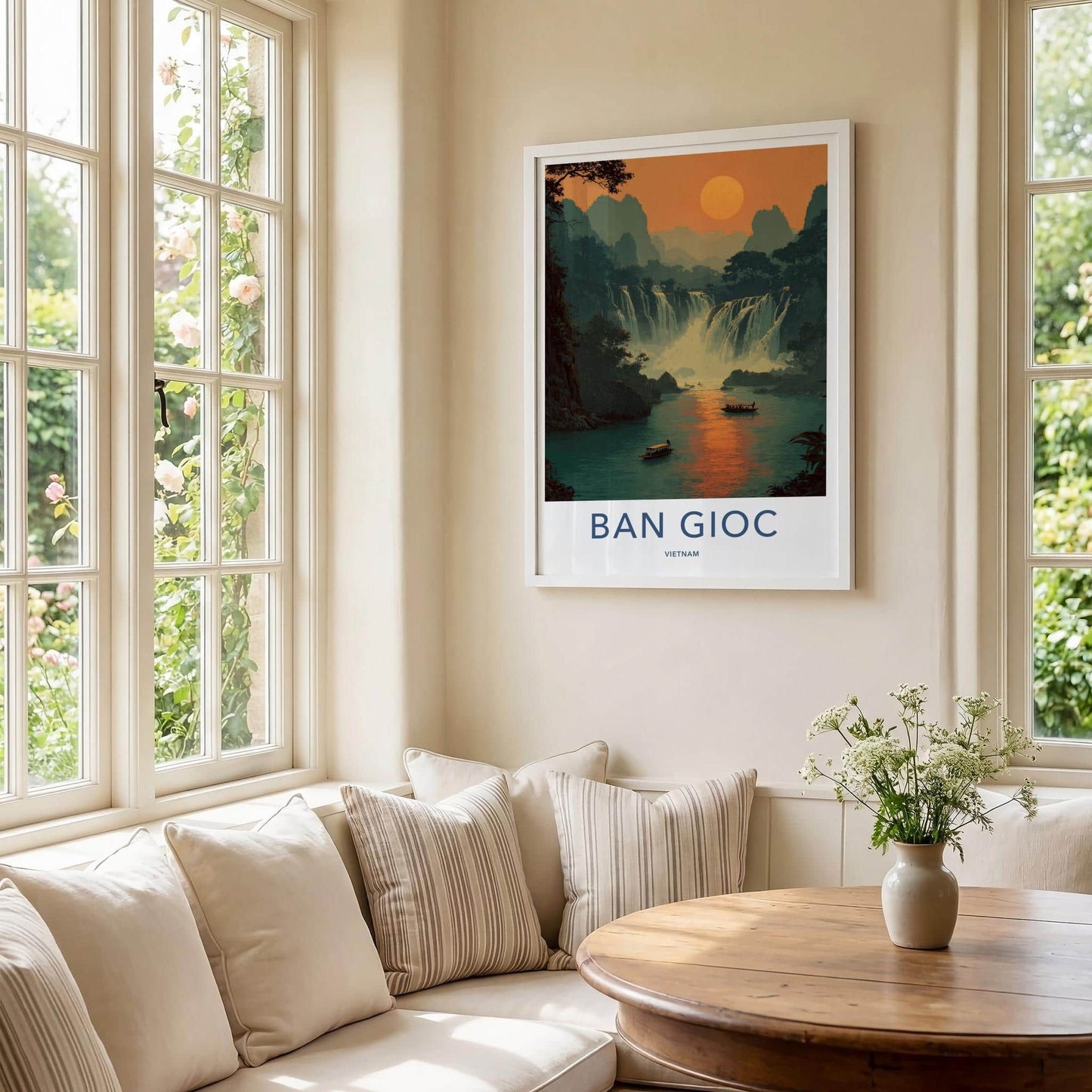 Ban Gioc Poster - Vietnam Travel Art - Misty waterfall boats Wall Decor