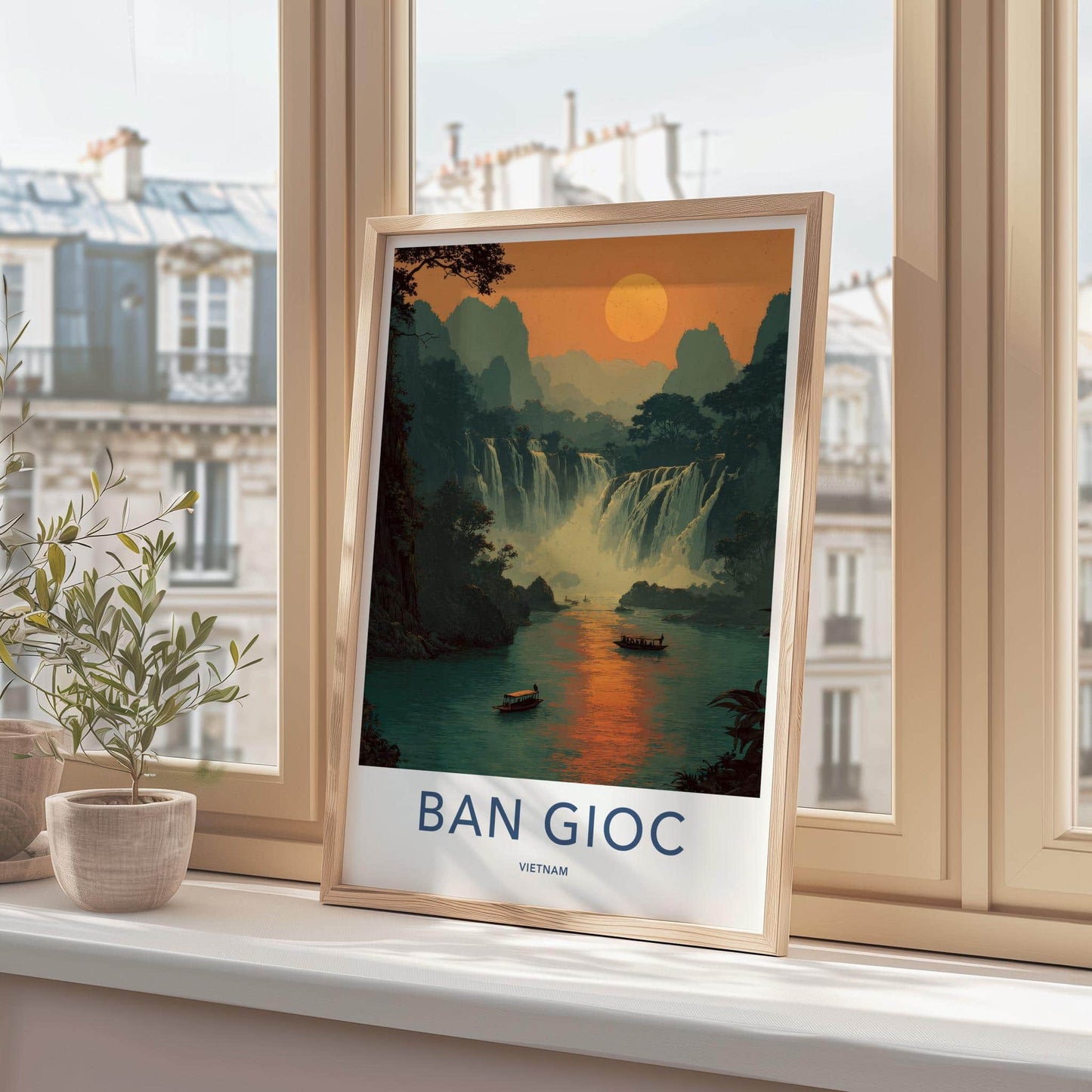 Ban Gioc Poster - Vietnam Travel Art - Misty waterfall boats Wall Decor