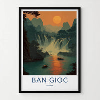 Ban Gioc Poster - Vietnam Travel Art - Misty waterfall boats Wall Decor